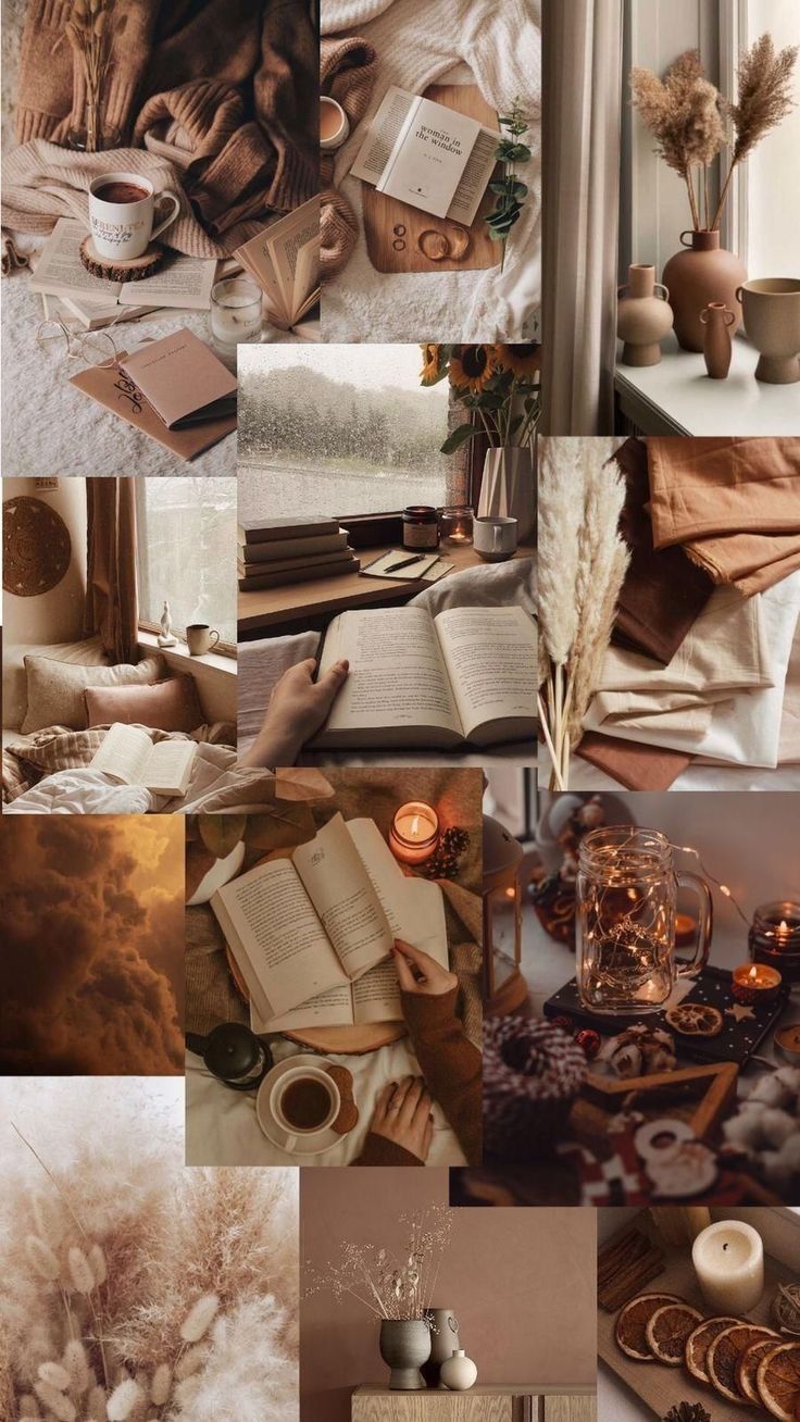 Collage, Braun, Bücher, Kerzen, Ästhetik, HD, Handy-Hintergrund im Hochformat