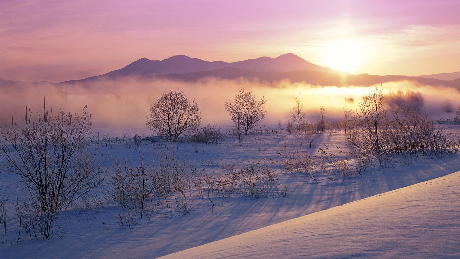 Sonnenaufgang, Schneelandschaft, Berge, Nebel, Winter, 1920x1080, Full-HD-Hintergrundbild für PC