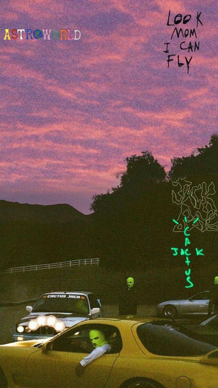 Travis Scott, Look Mom I Can Fly, Rosa Himmel, Auto, Dämmerung, Schriftzug, Sperrbildschirm fürs iPhone 18 Pro Max
