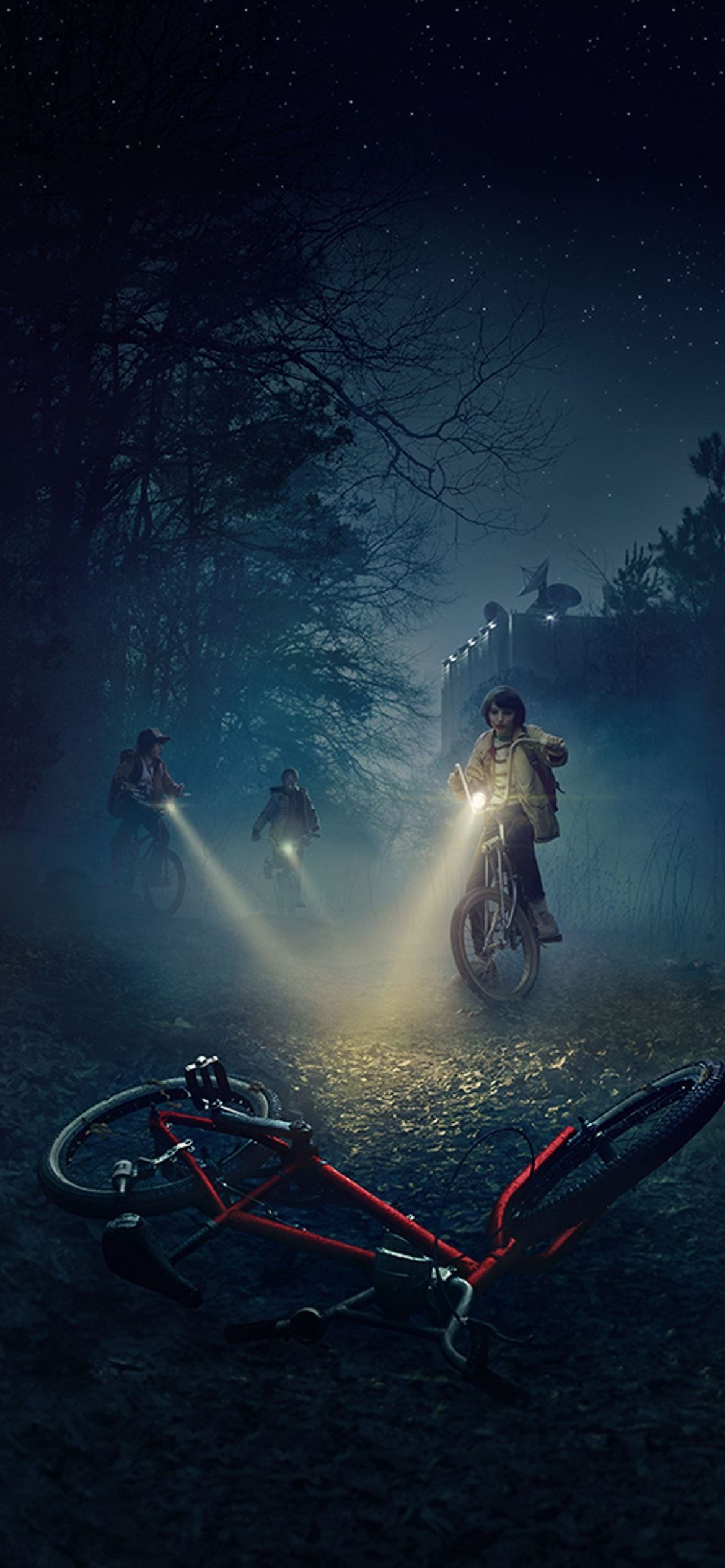 Stranger Things, Wald, Taschenlampe, Fahrrad, Nacht, Nebel, Hintergrundbild fürs iPhone 18 Pro Max