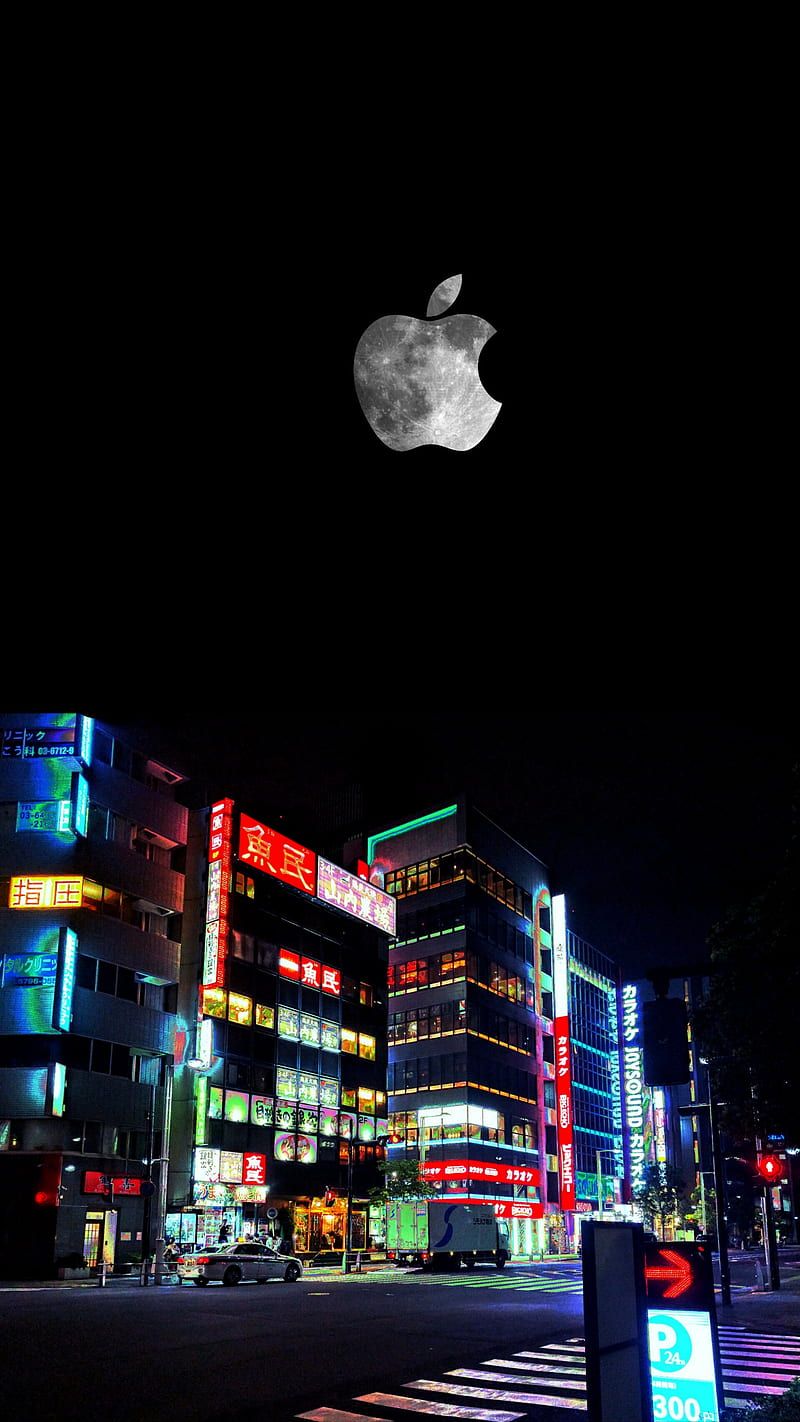 Apple-Logo, Neonlicht, Stadt bei Nacht, Gebäude, Schwarzer Hintergrund, Sperrbildschirm fürs iPhone 18 Pro Max