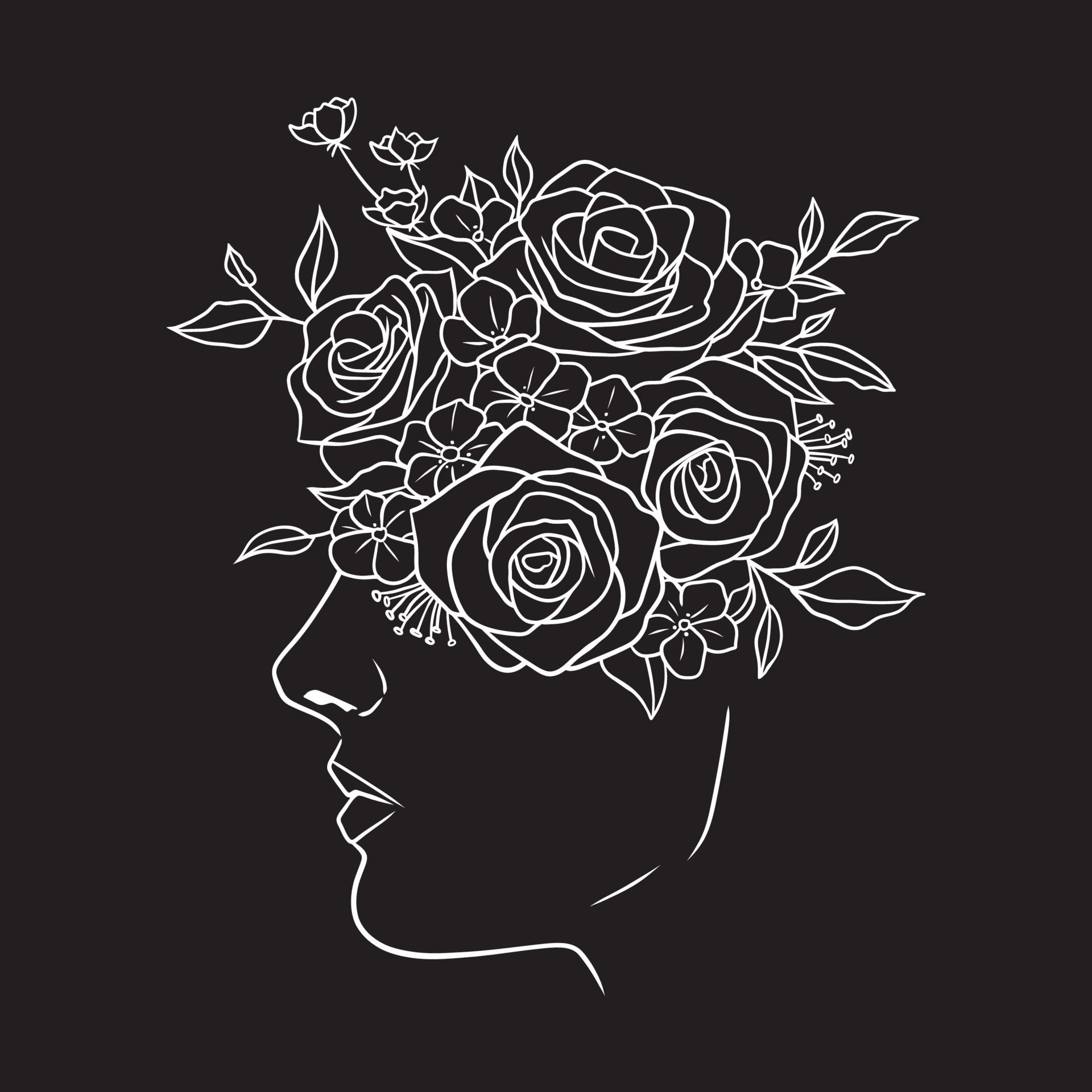 Line Art, Gesicht, Rosen, Kopf, Schwarzer Hintergrund, Full HD Wallpaper