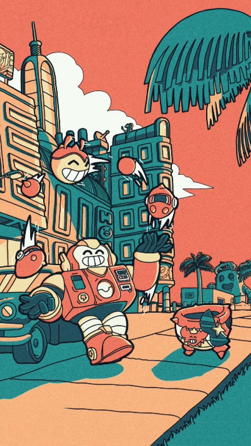 Brawl Stars, Stadtszene, Comic-Stil, Korallrot, HD, Sperrbildschirm fürs iPhone