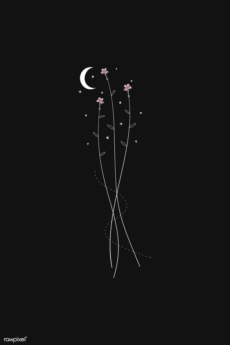 Mond, Zarte Blüten, Line Art, Schwarzer Hintergrund, Minimalismus, Sperrbildschirm fürs iPhone
