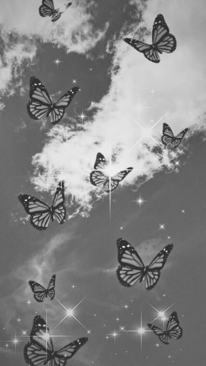 Schmetterlinge, Wolken, Himmel, Glitzer, Graustufen, Hochformat, Hintergrundbild fürs Smartphone