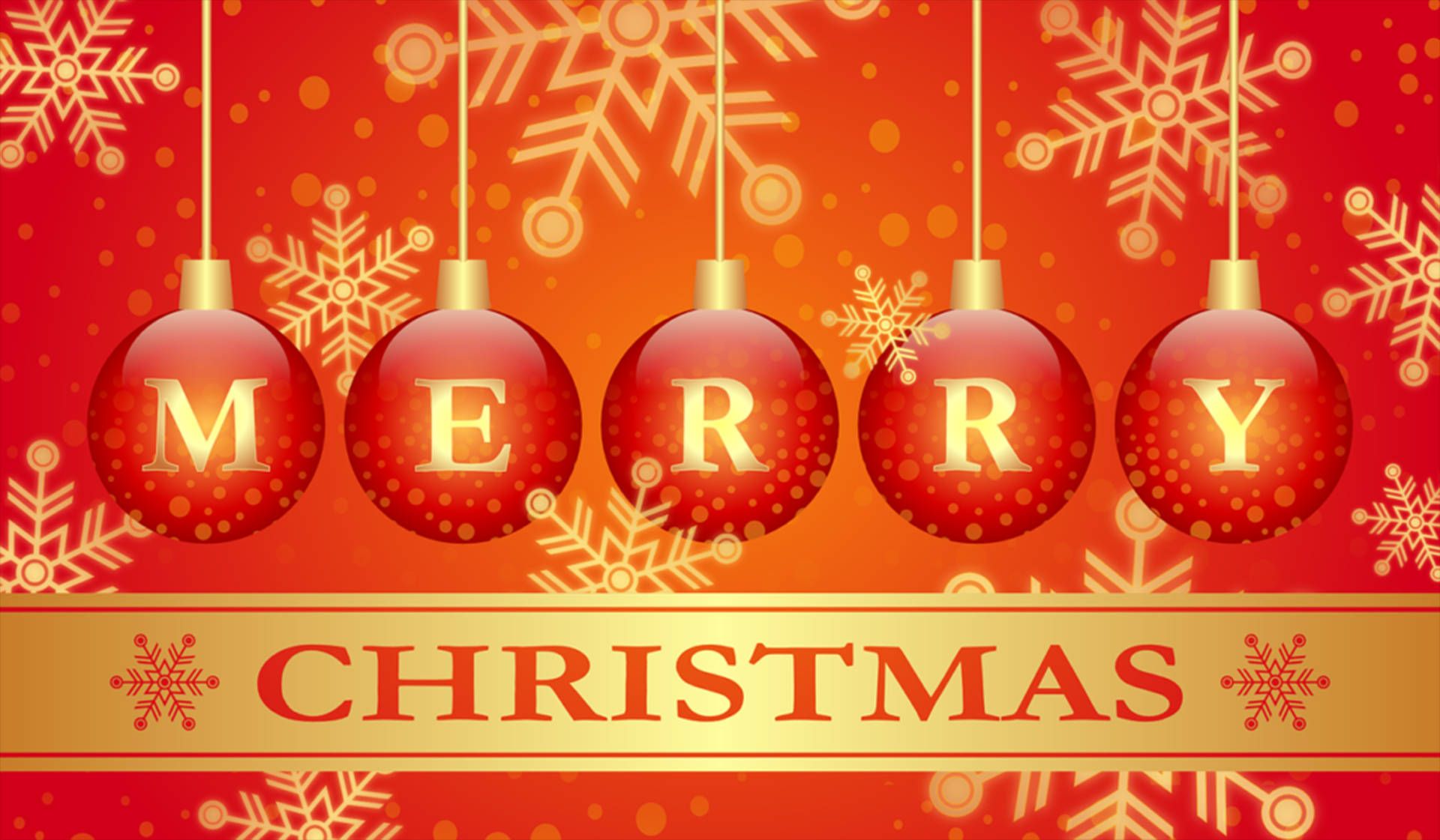 Merry Christmas, Kugeln mit Buchstaben, Schneeflocken, Rot und Gold, Grafik, Full-HD-Hintergrund