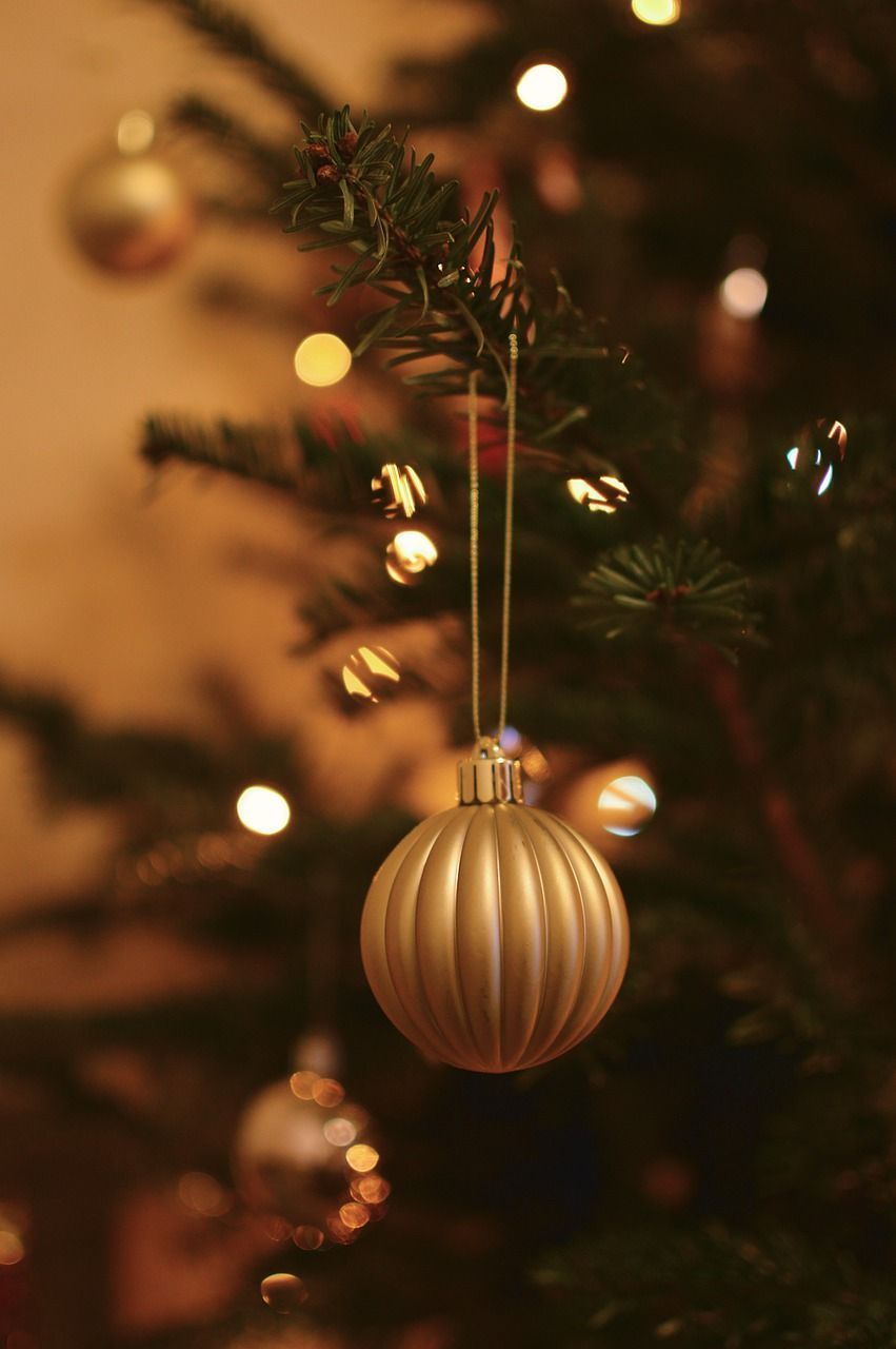 Goldene Kugel, Tannenzweige, Bokeh, Warmes Licht, HD, Handy-Hintergrund im Hochformat
