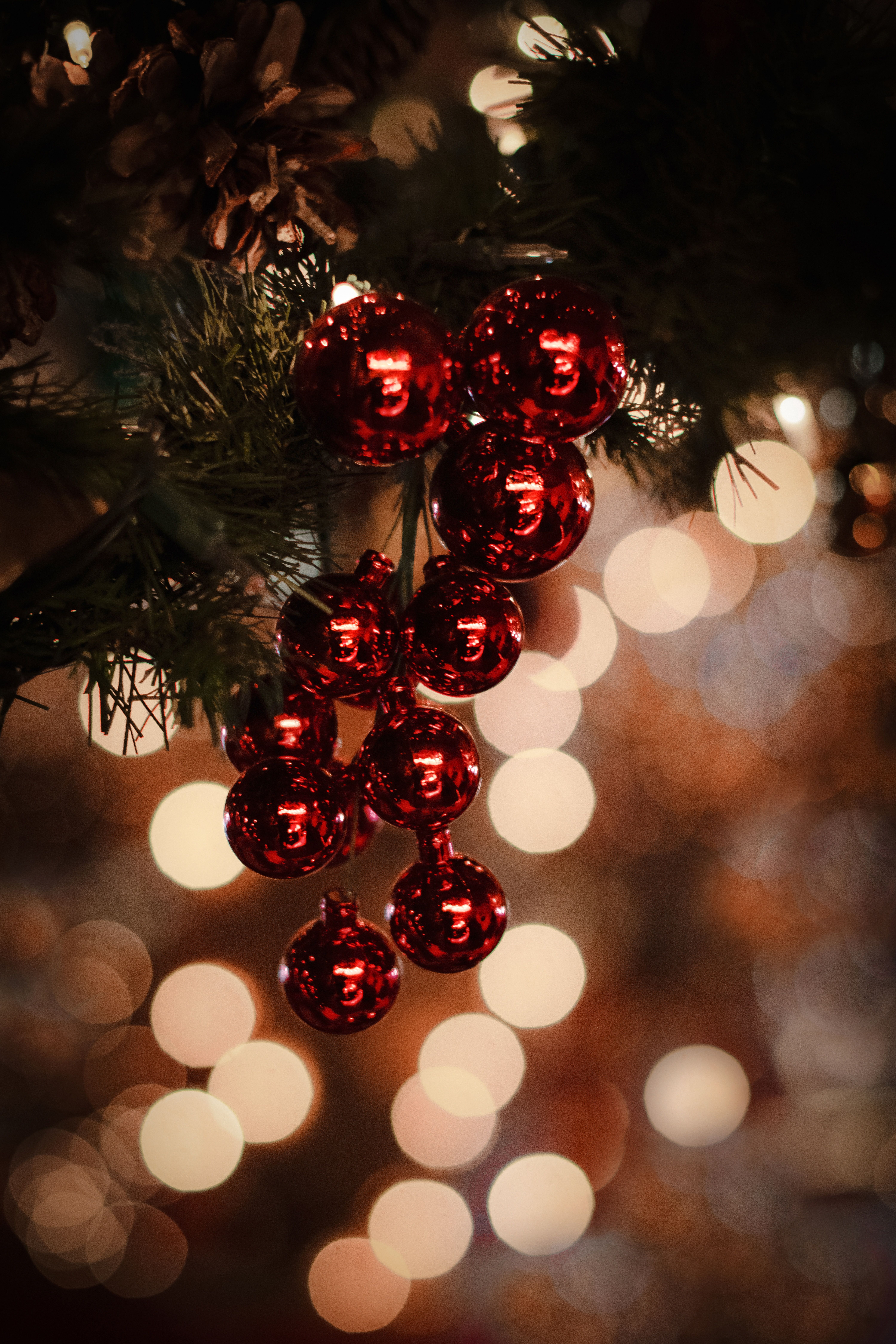 Rote Kugeln, Traube, Bokeh, Lichter, Dunkel, QHD+, Hintergrundbild fürs Handy