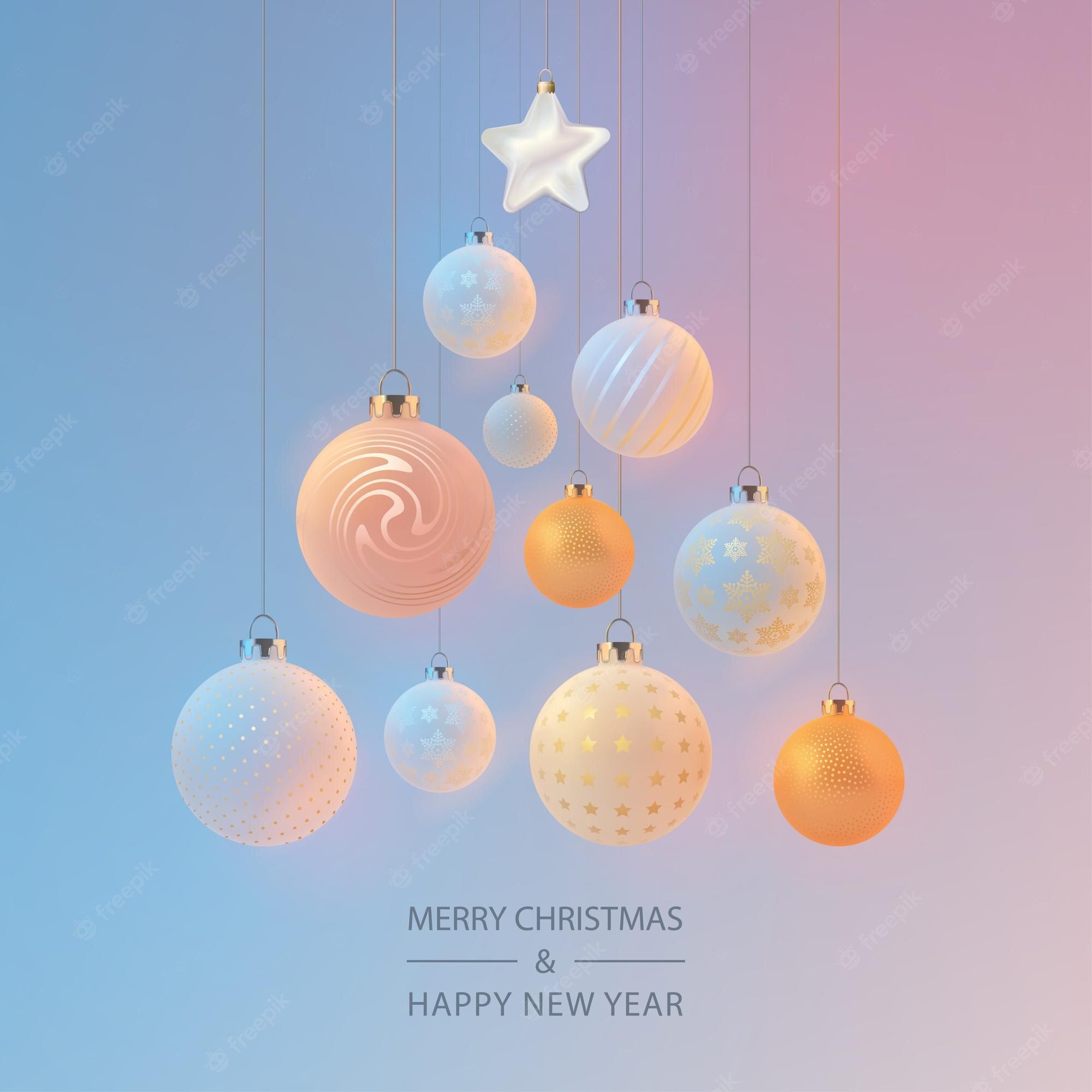 Merry Christmas & Happy New Year, Kugeln, Tannenbaum-Form, Pastellfarben, Verlauf, Tablet-Hintergrund