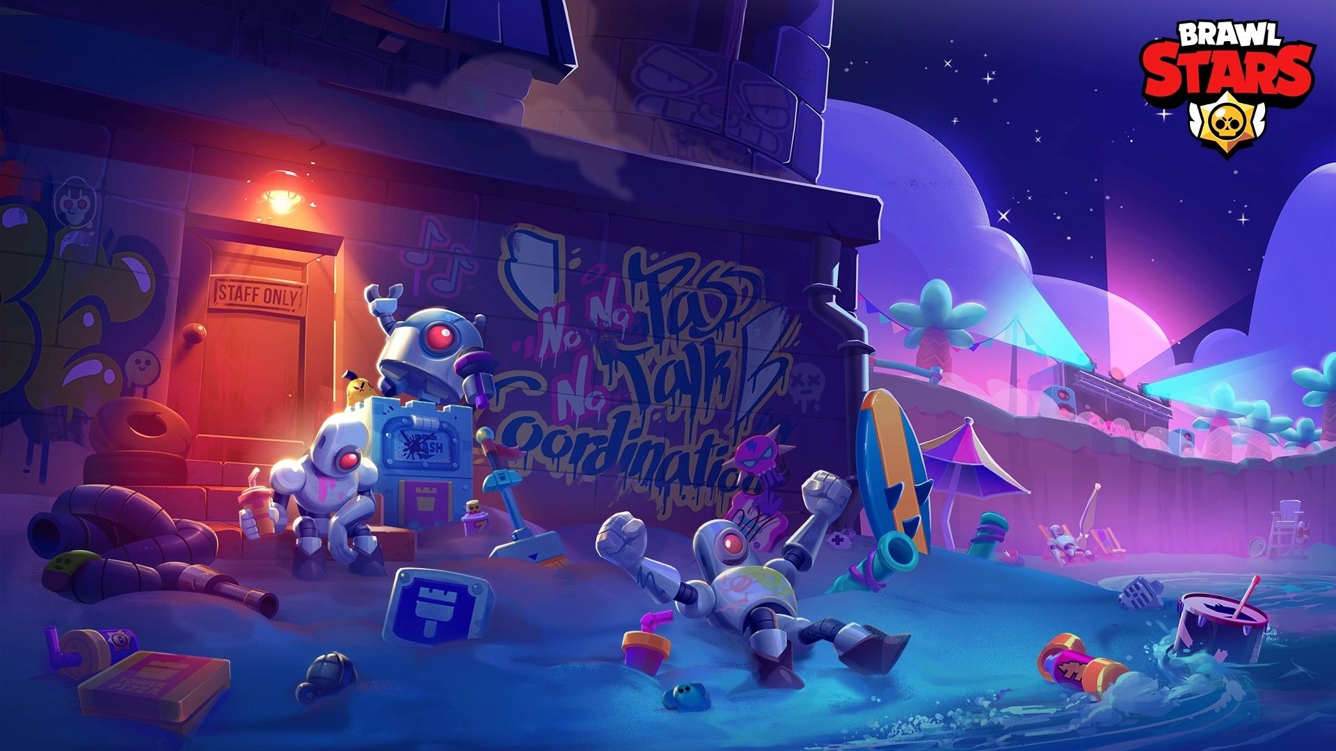 Brawl Stars, Roboter, Graffiti, Nacht, 1920x1080, Full-HD-Hintergrundbild für PC