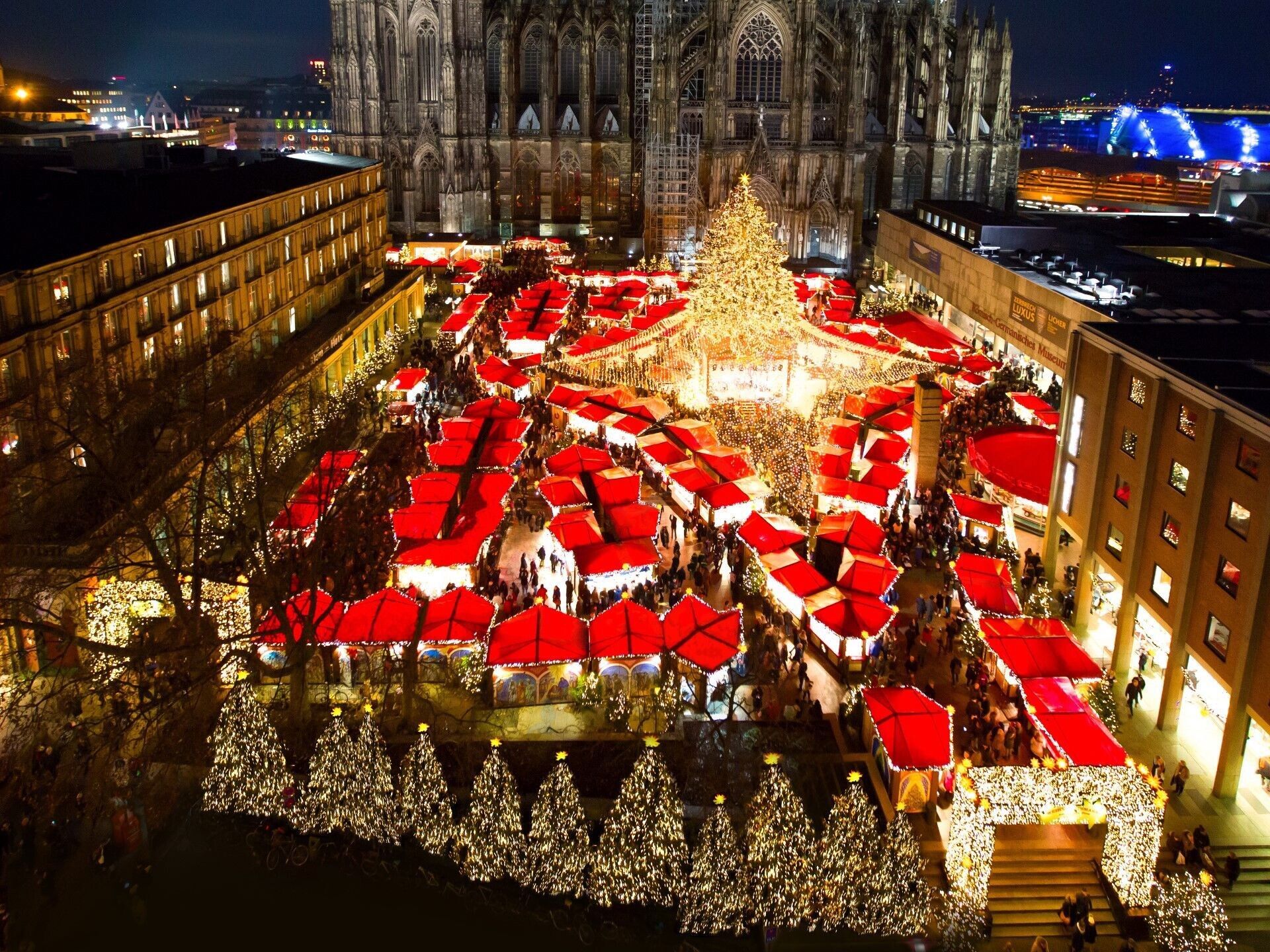 Kölner Dom, Weihnachtsmarkt am Kölner Dom, Roncalliplatz, Rote Dächer, Weihnachtsbaum, Nacht, Full-HD-Tablet-Hintergrundbild