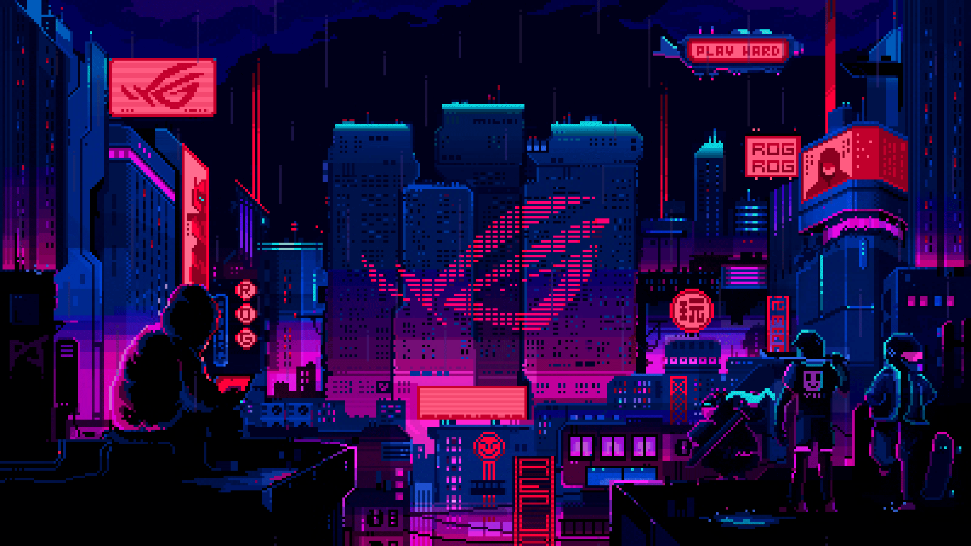 ASUS ROG, Republic of Gamers, Pixel art, Stadt, Neon, Nacht, Full HD, Windows-Hintergrundbild