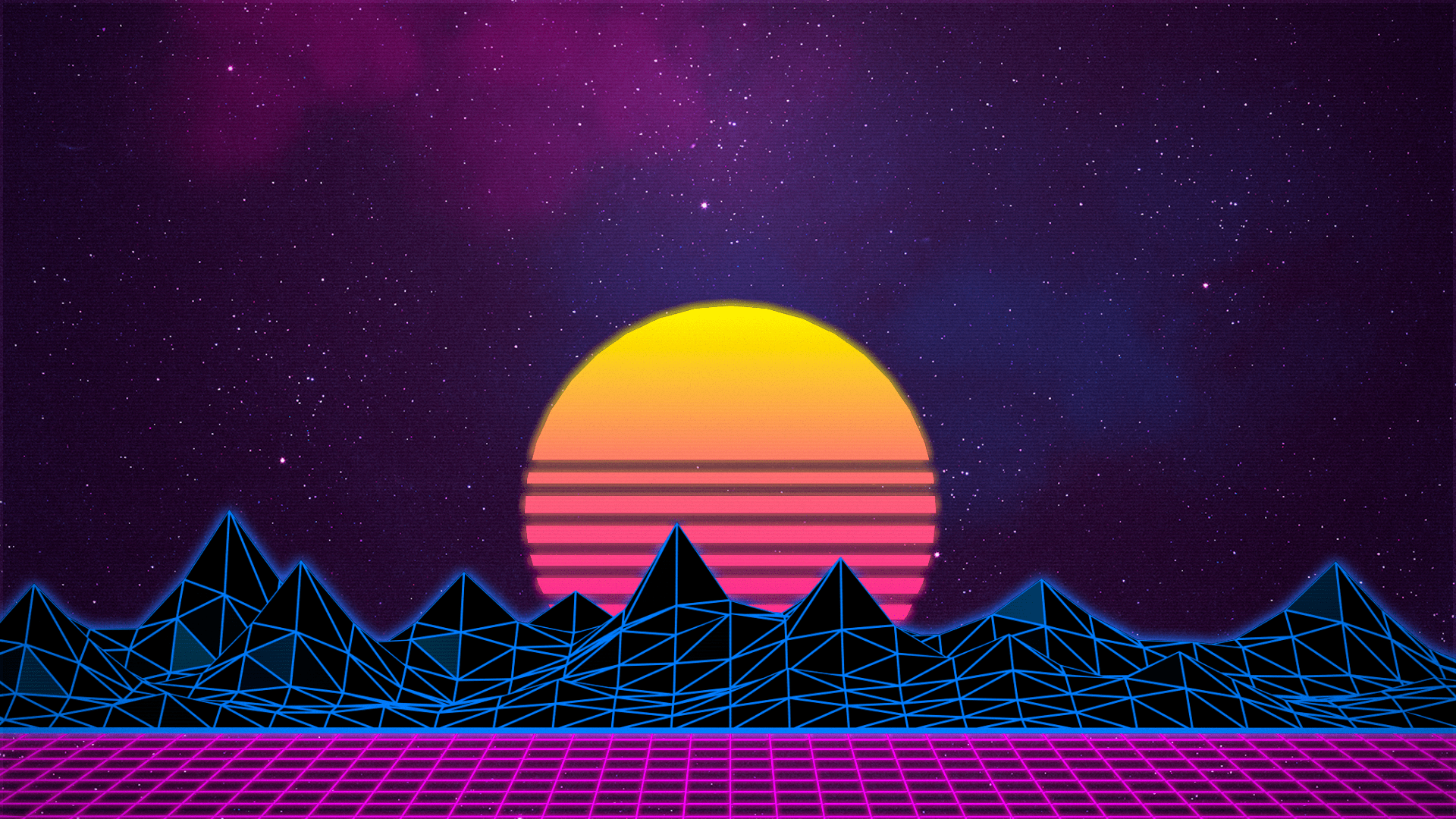 Retrowave, Sonne, Gitterberge, Synthwave, Sternenhimmel, 1920x1080, PC-Hintergrundbild