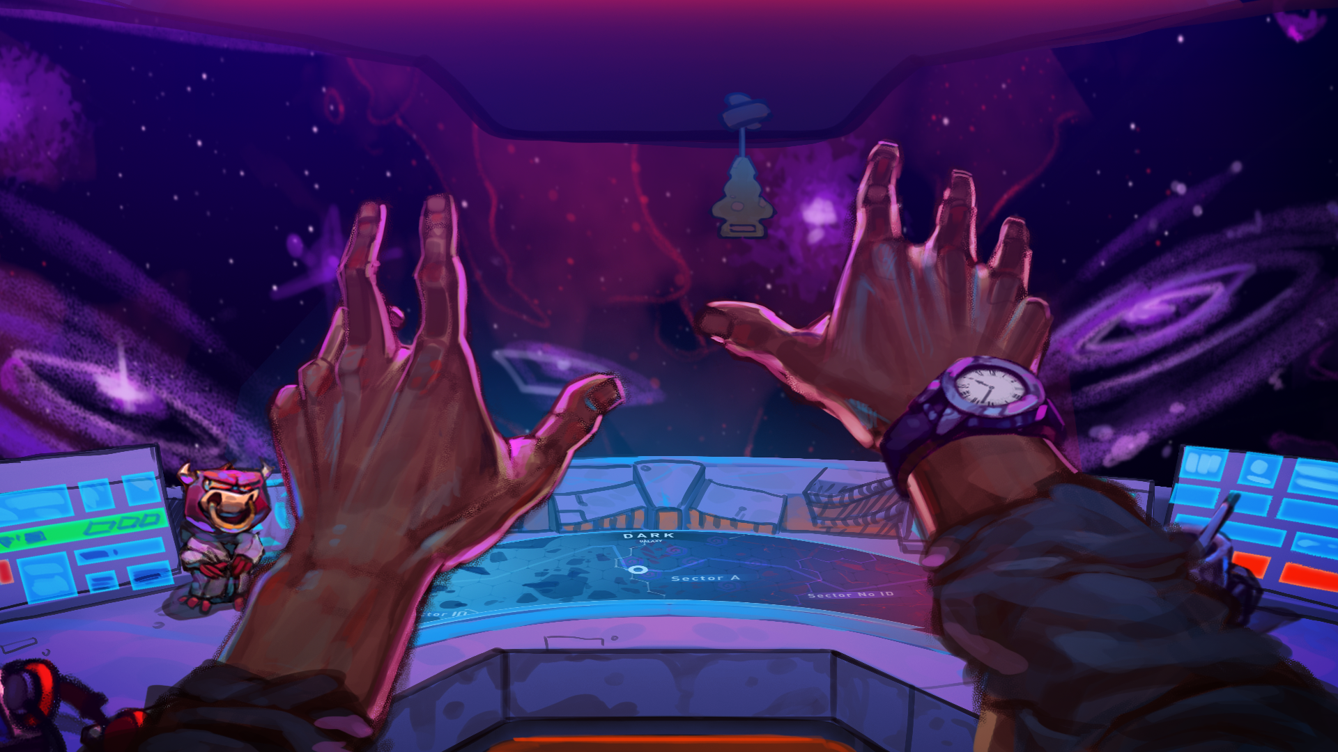 Hände, Raumschiff-Cockpit, Ego-Perspektive, Weltall, Lila, Full HD, Desktop-Hintergrund