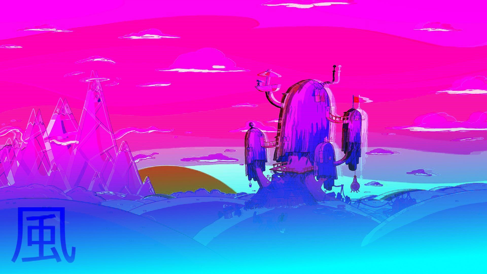 Vaporwave, Kanji, Berge, Pink, Surreal, 1920x1080, Full-HD-Hintergrundbild für PC