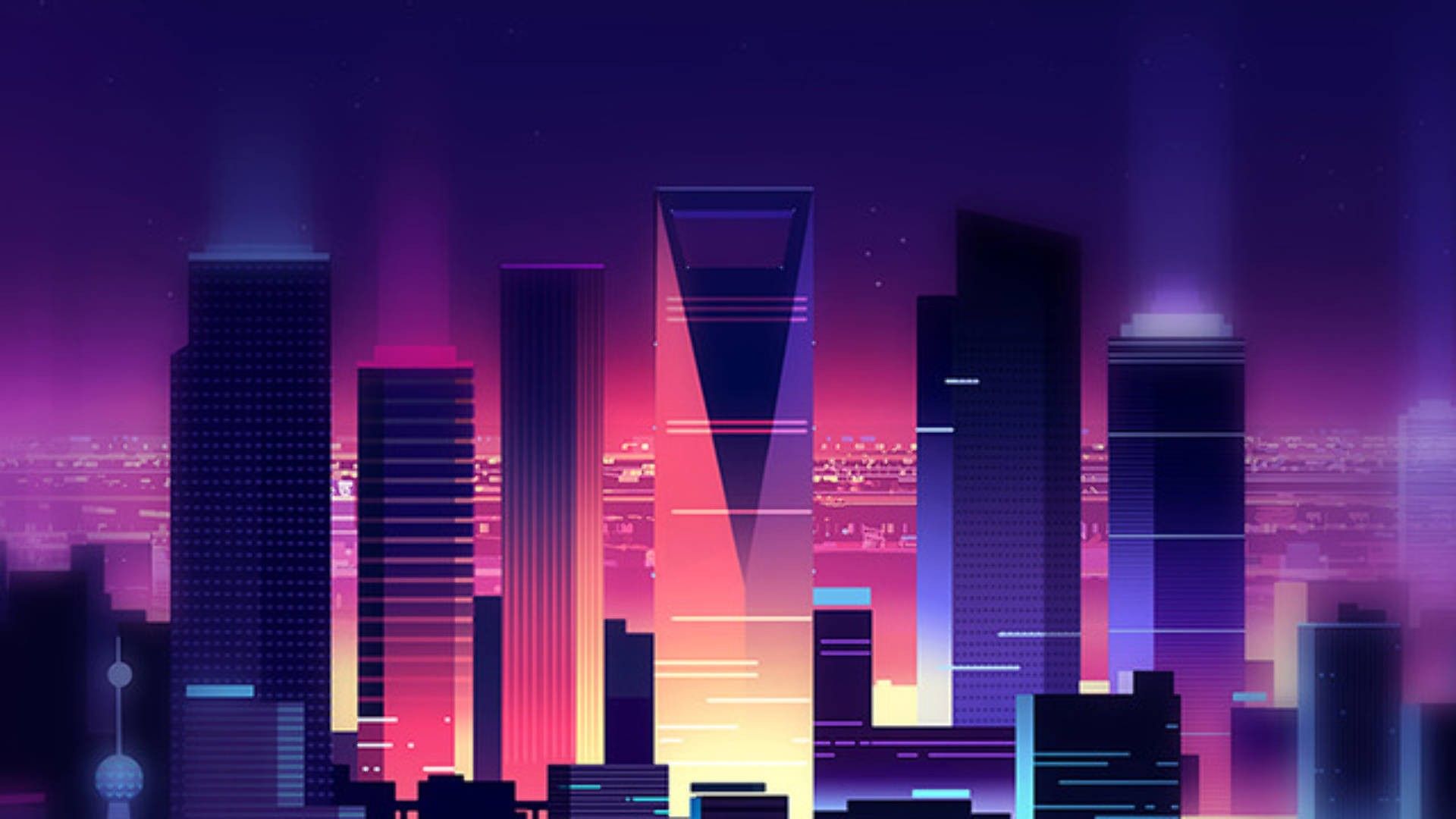 Skyline, Hochhäuser, Stadt bei Nacht, Lila, Pink, Full HD 1080p, Desktop-Hintergrundbild