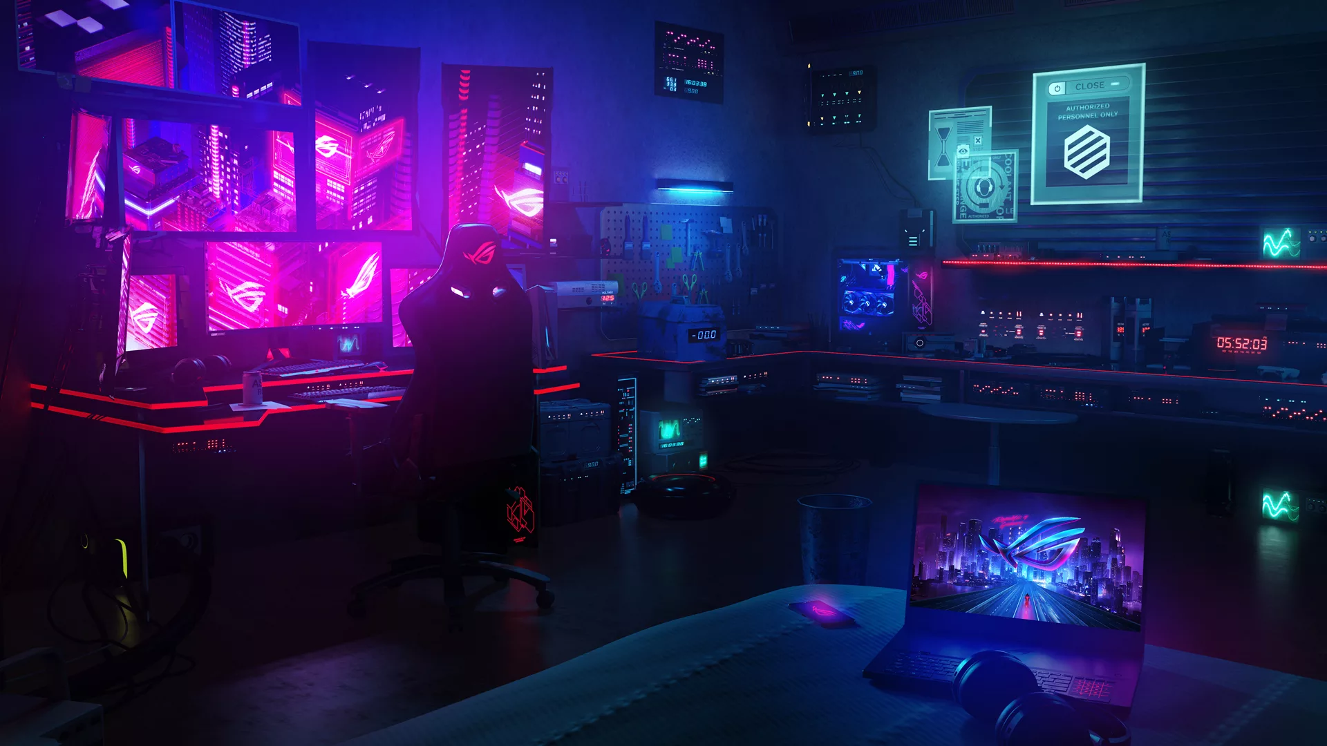 ASUS ROG, Gaming-Setup, Gamer-Zimmer, Neon, Pink, 16:9, Full-HD-Hintergrundbild für den Desktop