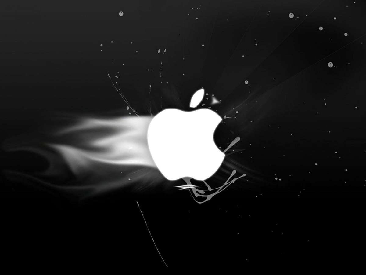 Apple-Logo, Apple, Schwarzer Hintergrund, Rauch, Sterne, Wallpaper