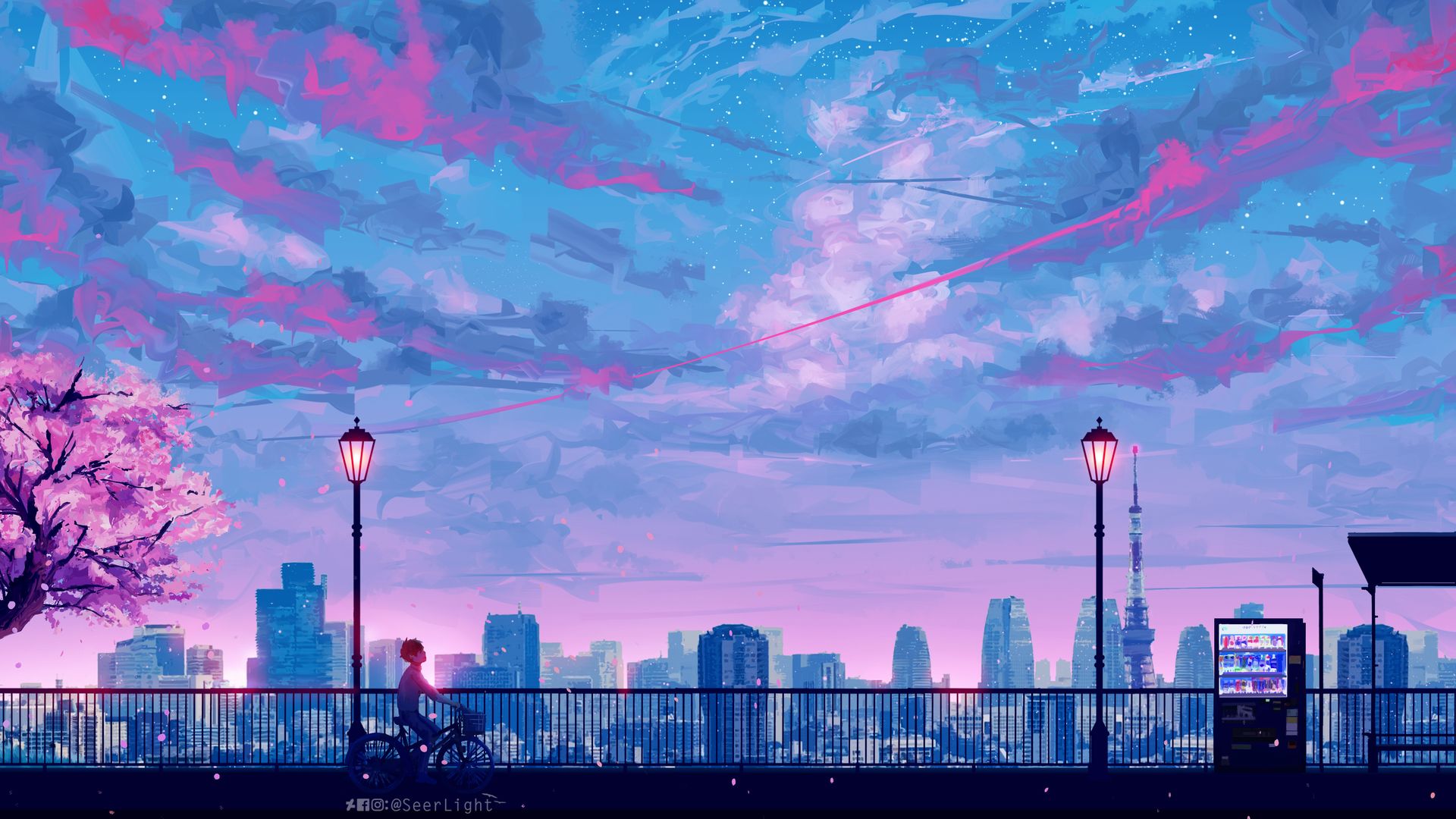 Skyline, Straßenlaternen, Kirschblüten, Fahrradfahrer, Anime-Stil, Abendhimmel, 1080p-Hintergrundbild
