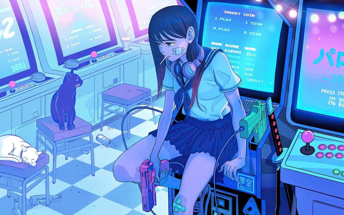 Spielhalle, Anime-Mädchen, Katze, Arcade-Automaten, Blau, HD, Desktop-Hintergrund