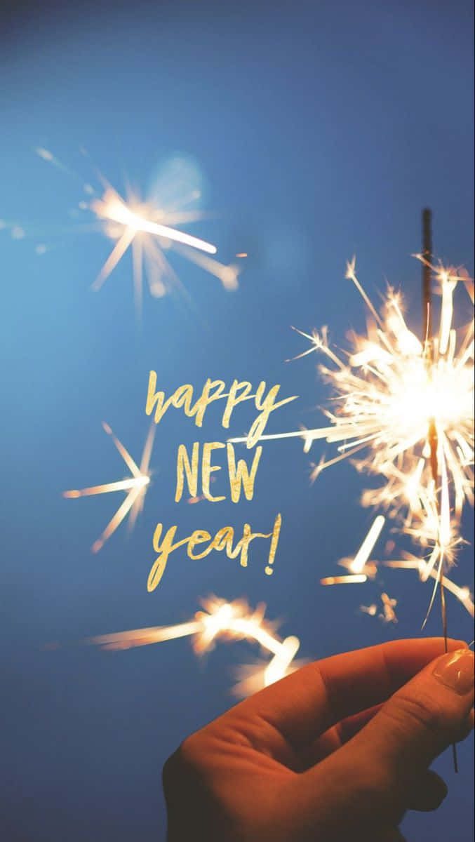 Happy New Year, Silvester, Schriftzug, Hand, Blauer Hintergrund, Sperrbildschirm fürs iPhone