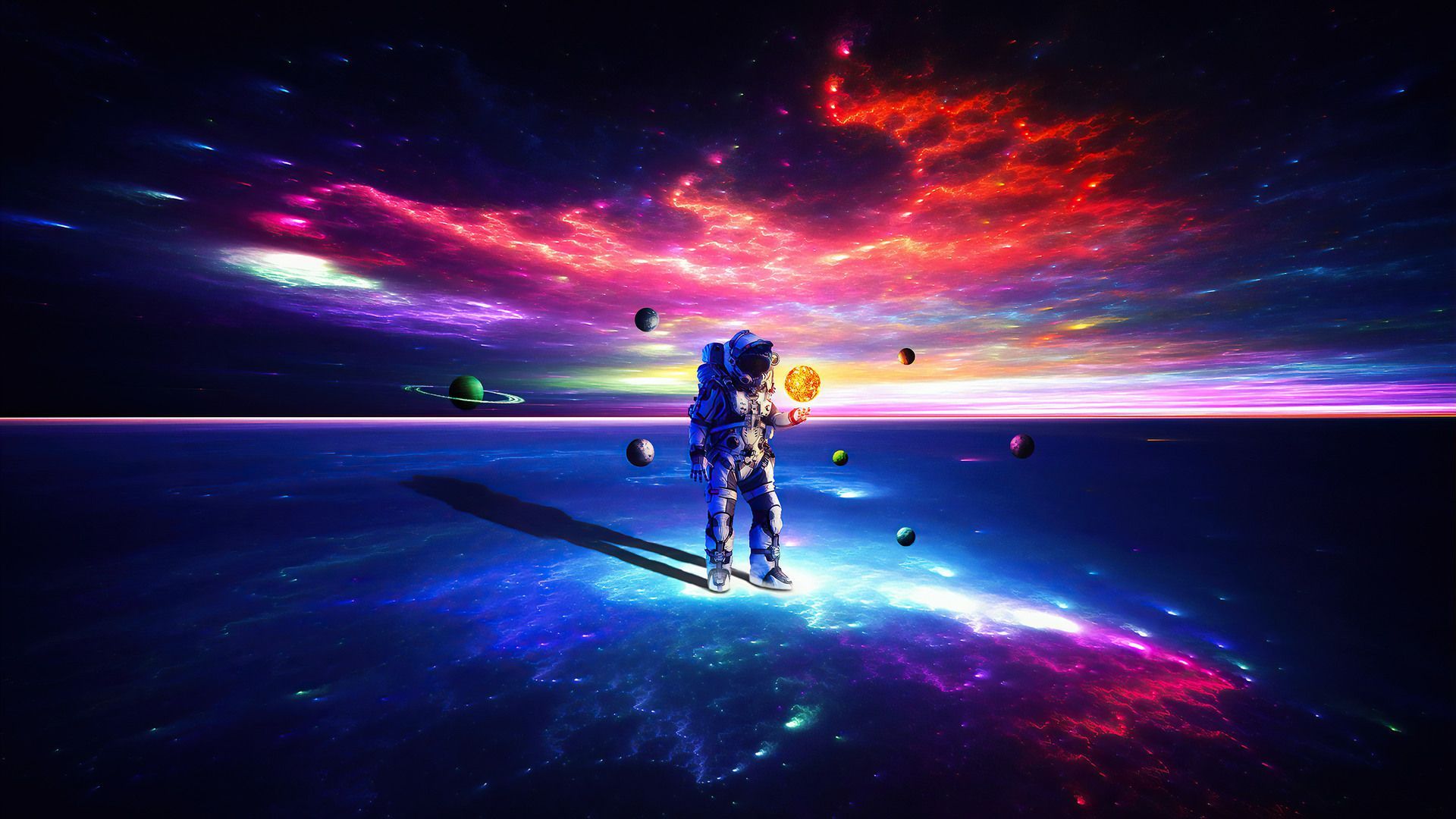 Astronaut, Weltall, Planeten, Bunter Nebel, Science-Fiction, 1920x1080, Desktop-Hintergrund