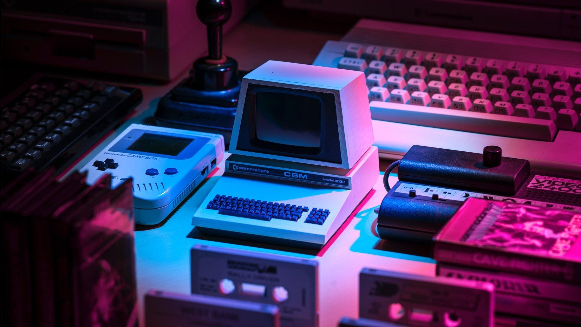 Retro-Computer, Game Boy, Joystick, Tastatur, Neonlicht, Nostalgie, Full HD, Windows-Hintergrundbild