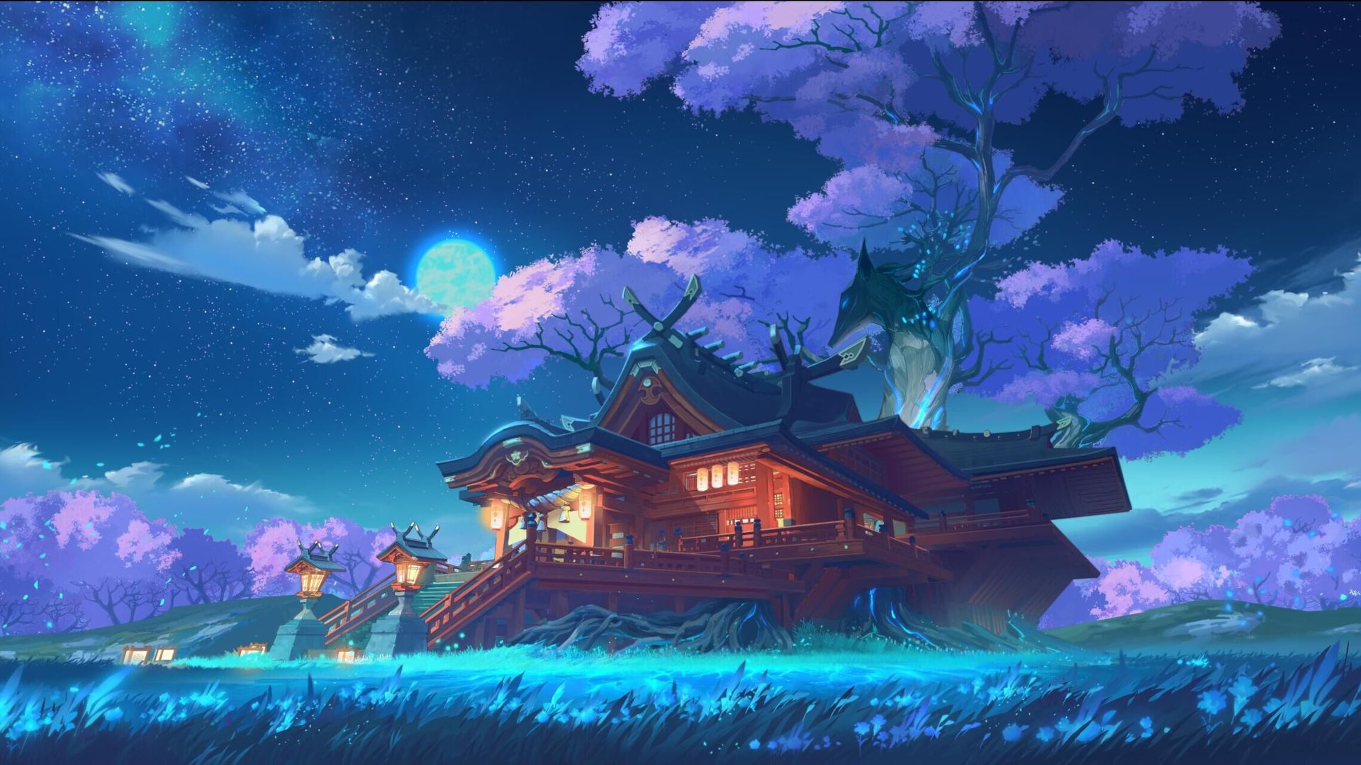 Japanisches Haus, Baum, Lila Blüten, Mond, Fantasy, Nacht, Full HD, PC-Hintergrundbild
