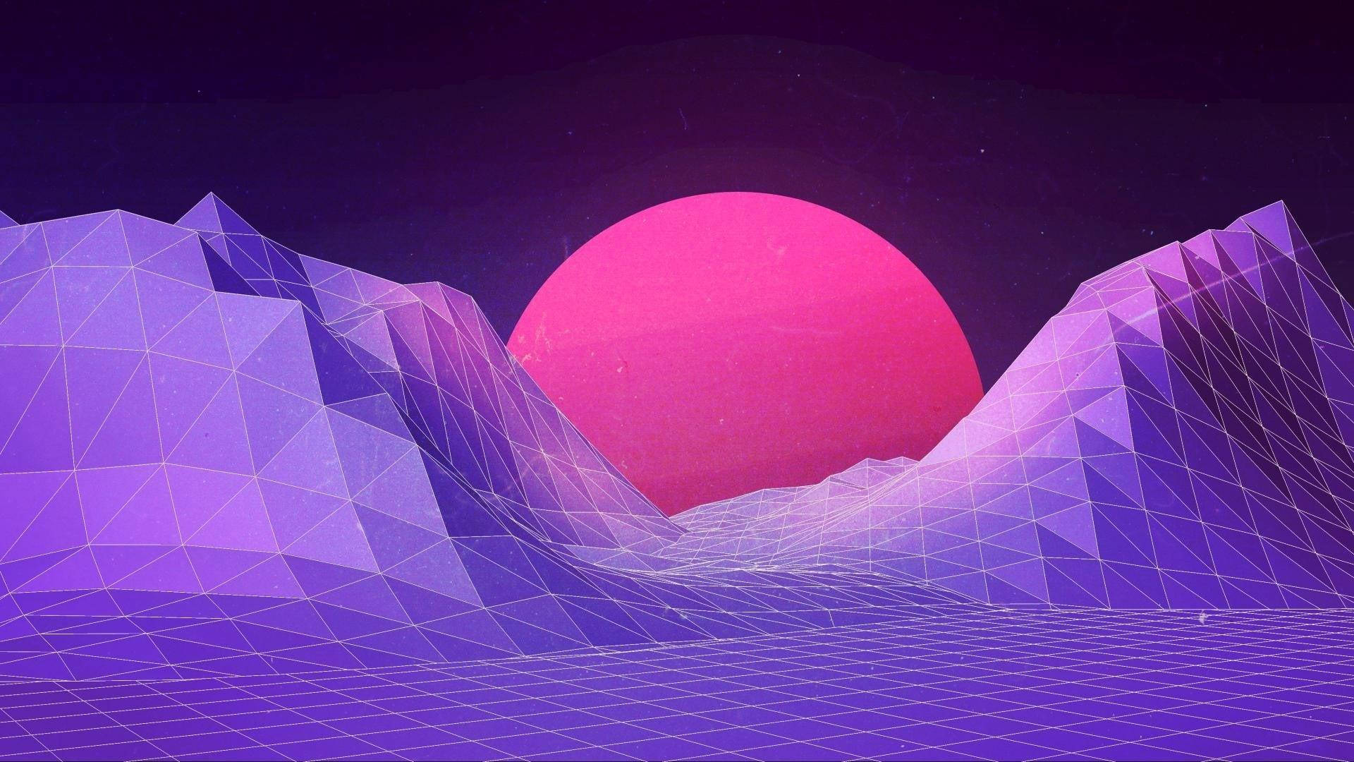Retrowave, Low Poly, Berge, Pinke Sonne, Lila, Gitter, 16:9, Full-HD-Hintergrundbild für den Desktop