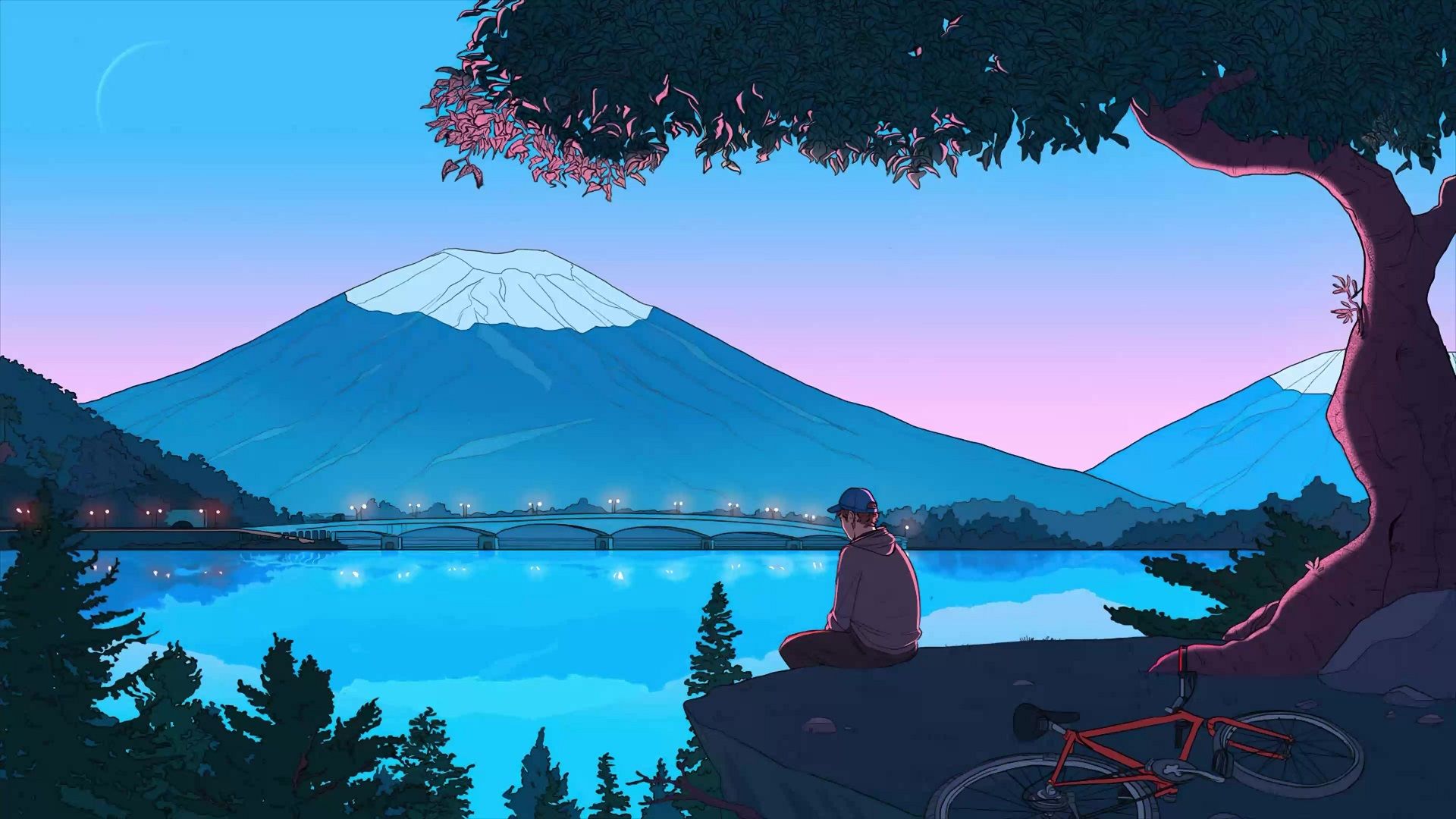 Fuji, Japan, See, Mann, Fahrrad, Illustration, Full HD, Desktop-Hintergrund für Windows