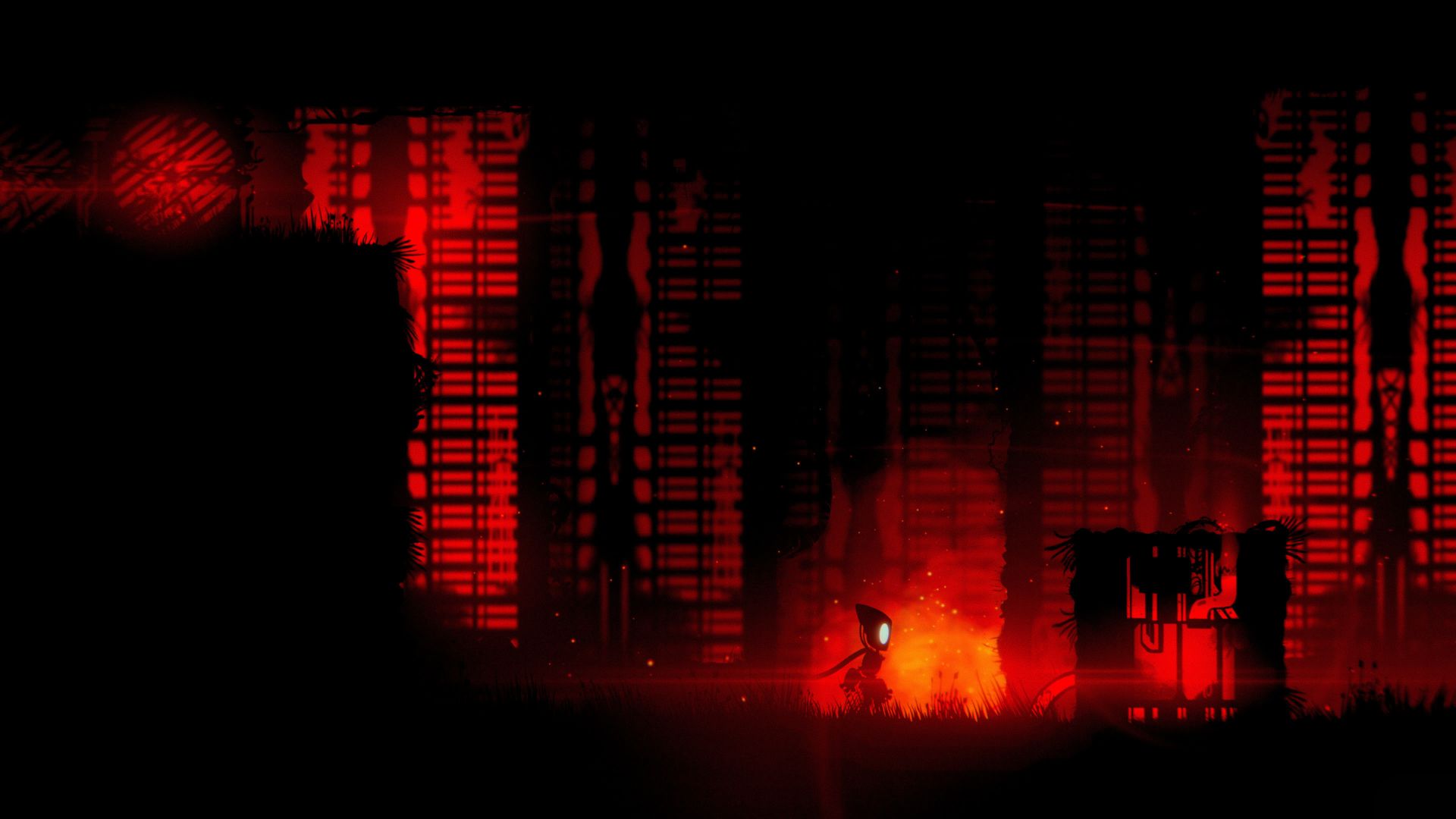 Silhouette, Rotes Licht, Fabrik, Feuer, Dunkel, Pixel art, Full HD, Laptop-Hintergrundbild