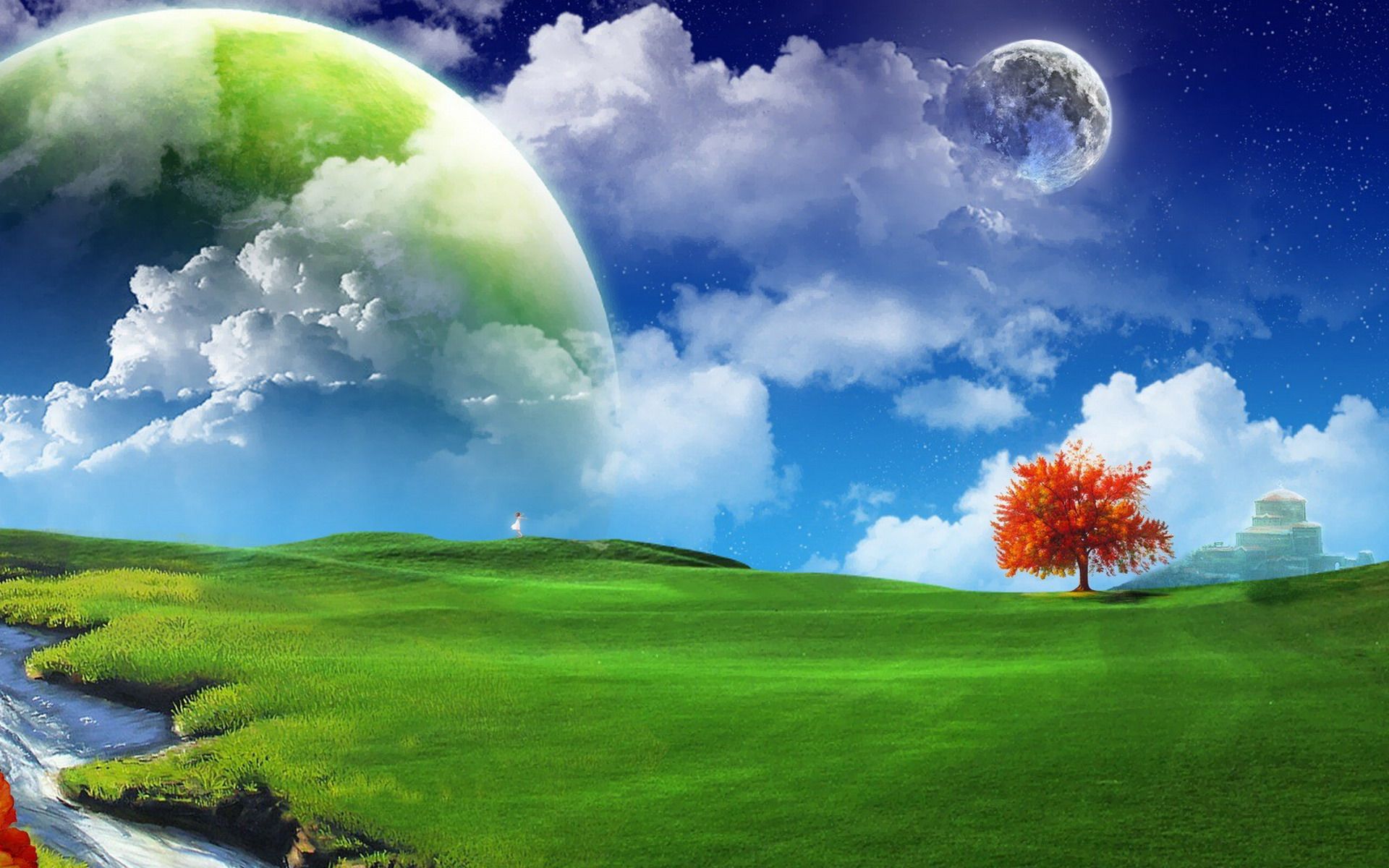 Planet, Grüne Wiese, Roter Baum, Mond, Wolken, Surreal, 16:10, Full-HD-Hintergrundbild für den Desktop