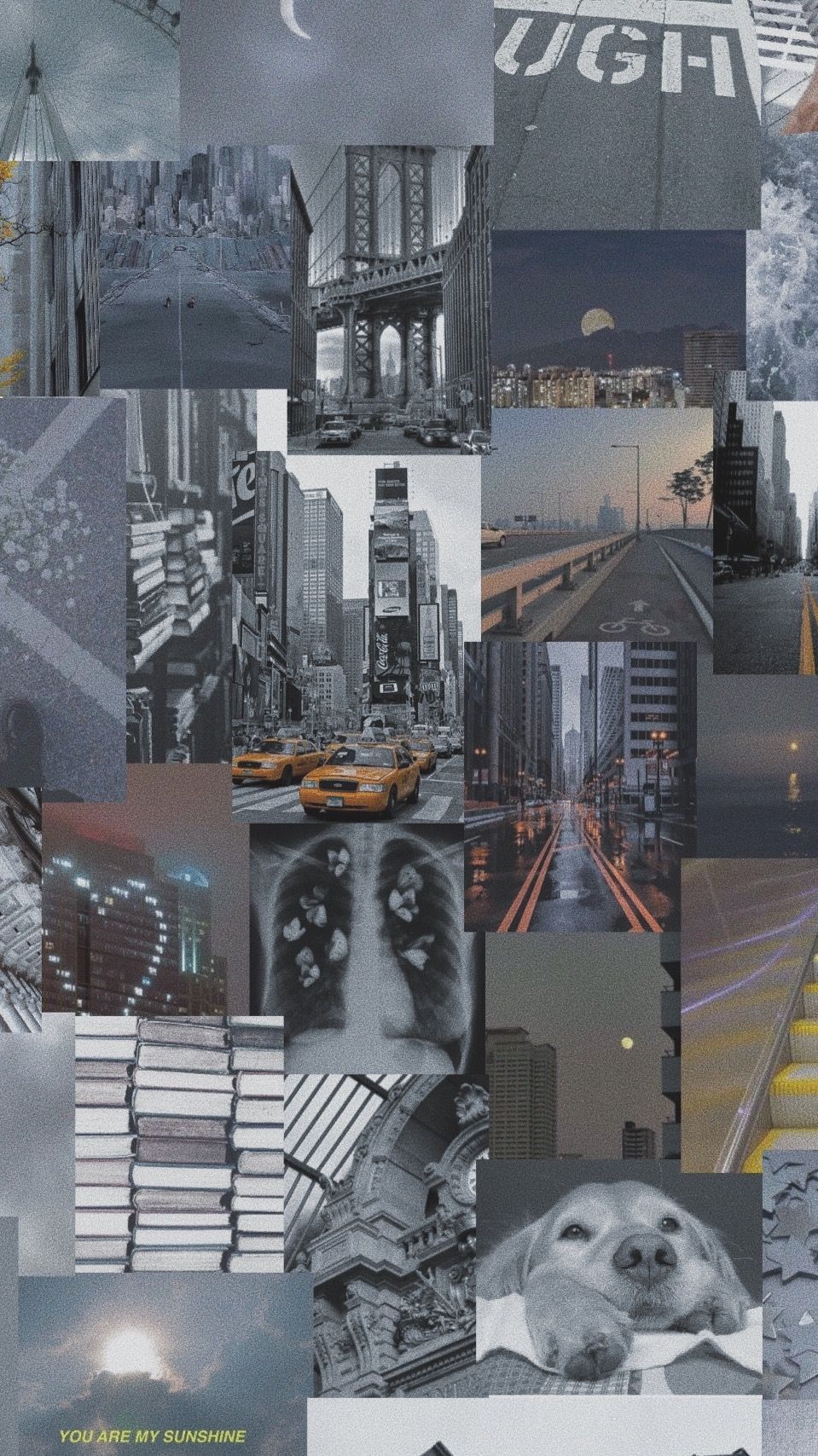 Collage, Stadt, Bücher, Graublau, Ästhetik, Hintergrundbild für iPhone und Android