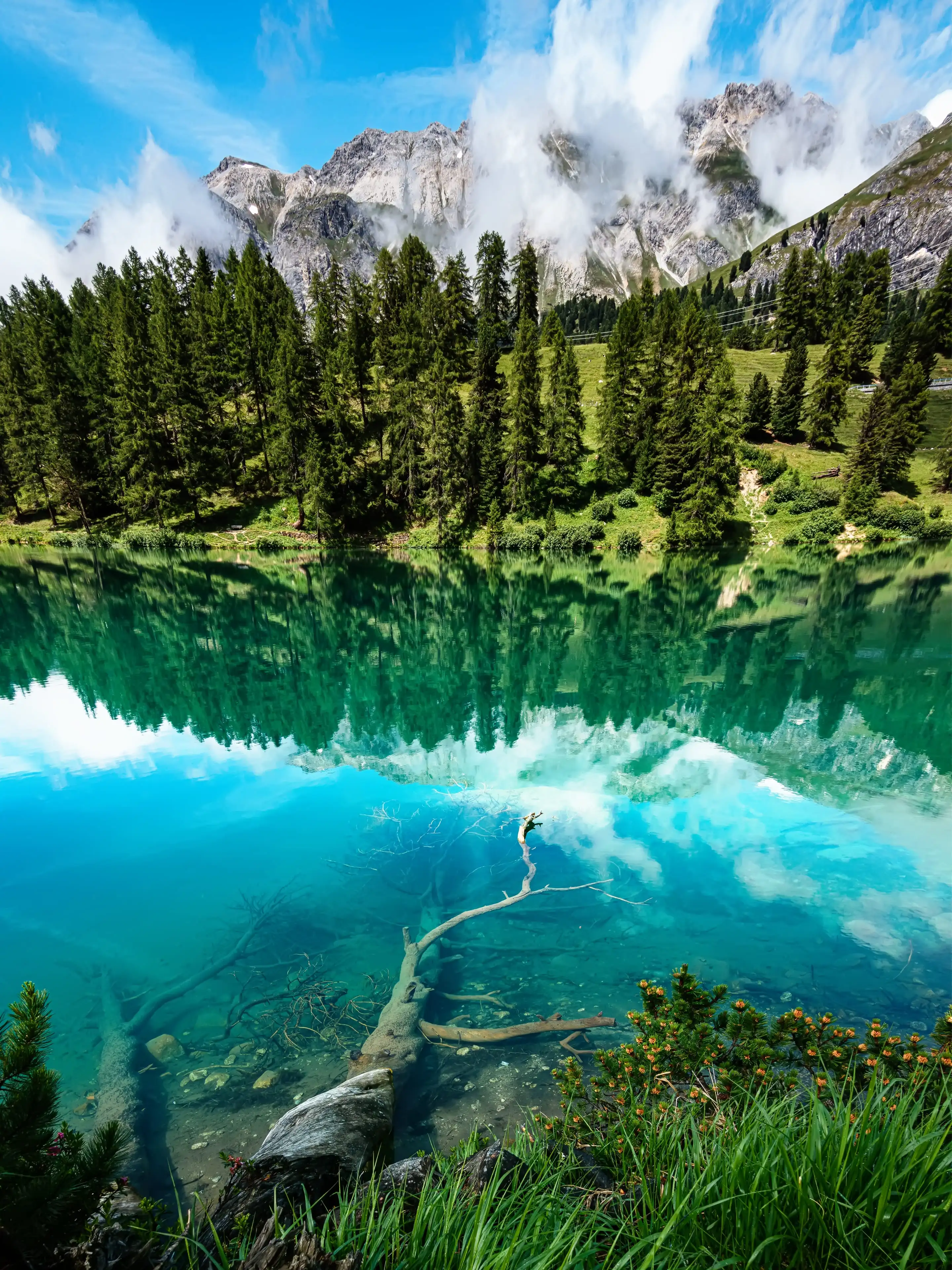 Bergsee, Türkisblaues Wasser, Nadelwald, Alpen, Spiegelung, Hintergrundbild fürs iPad