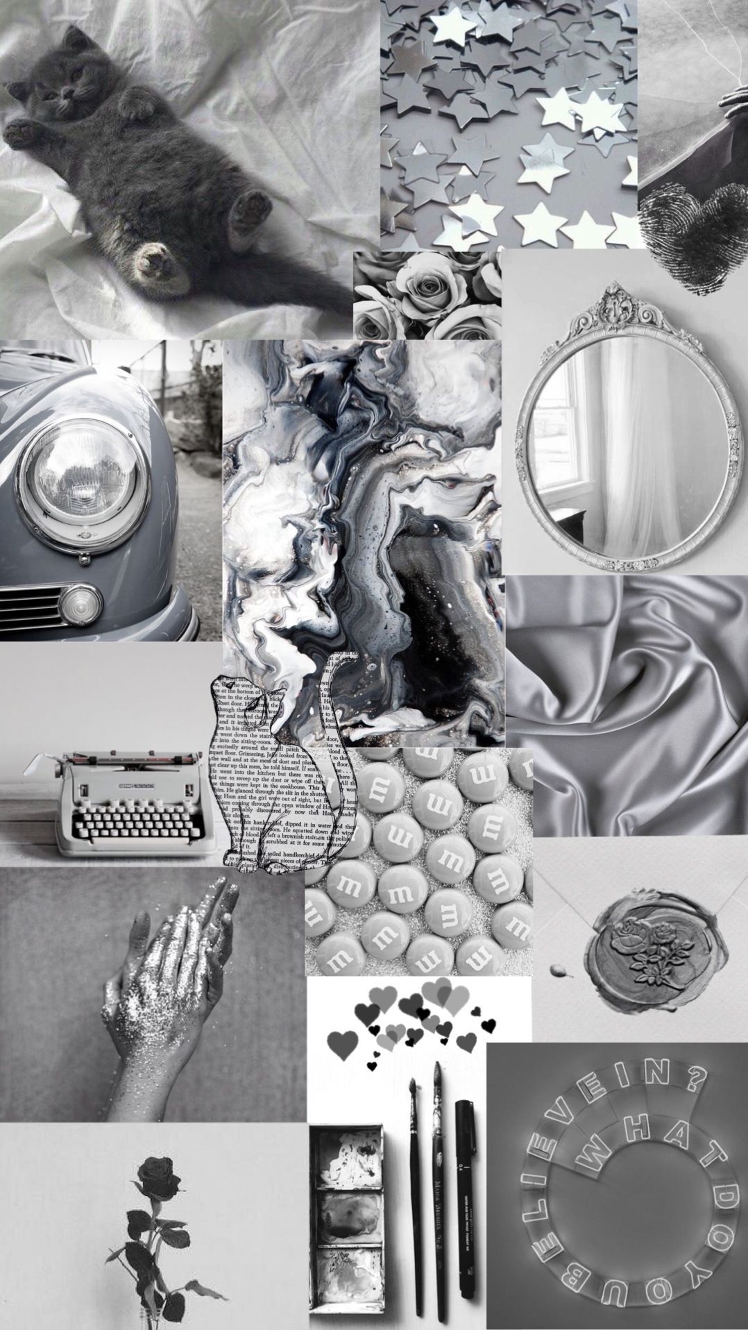 Collage, Silber, Ästhetik, Grau, Moodboard, HD, Handy-Hintergrund im Hochformat