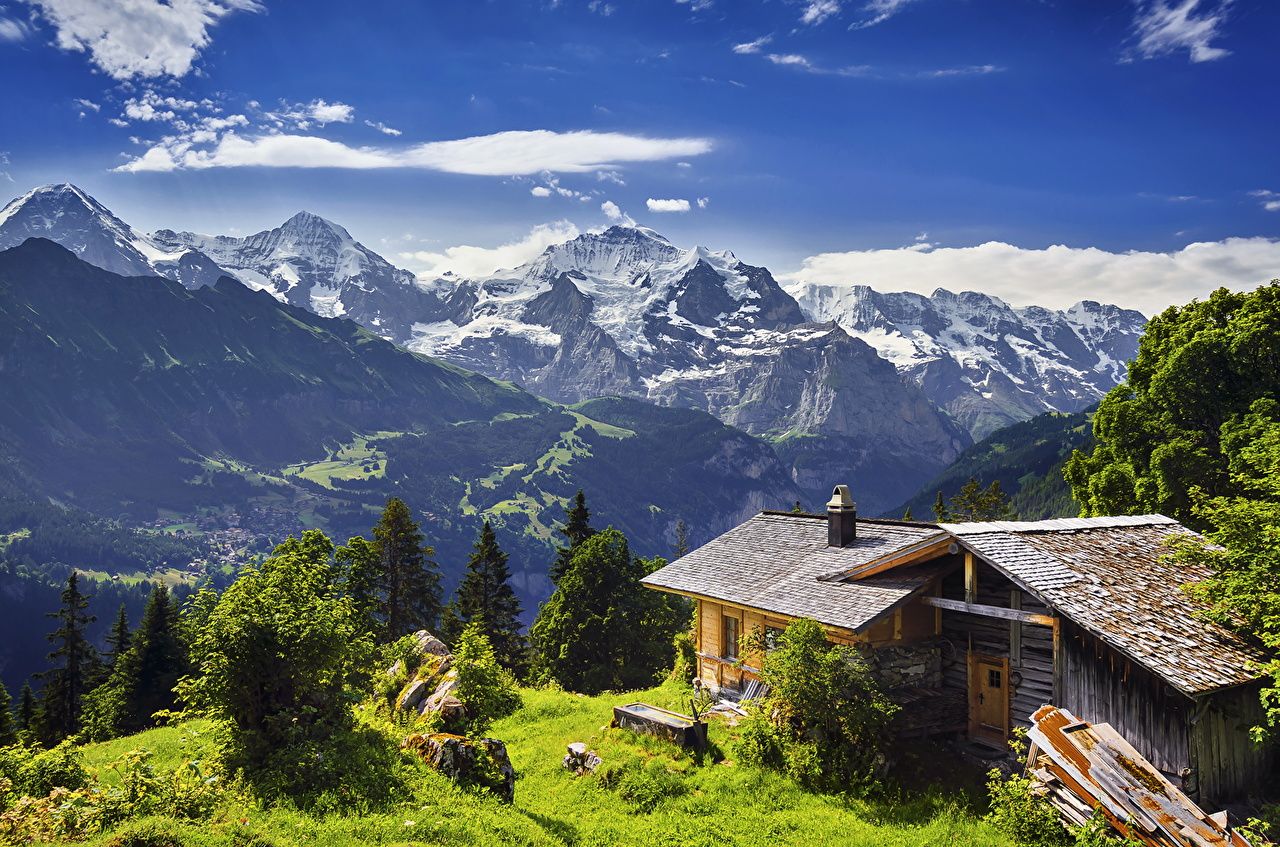 Berner Alpen, Schweiz, Holzhütte, Bergpanorama, Sommer, HD, Hintergrundbild für den PC