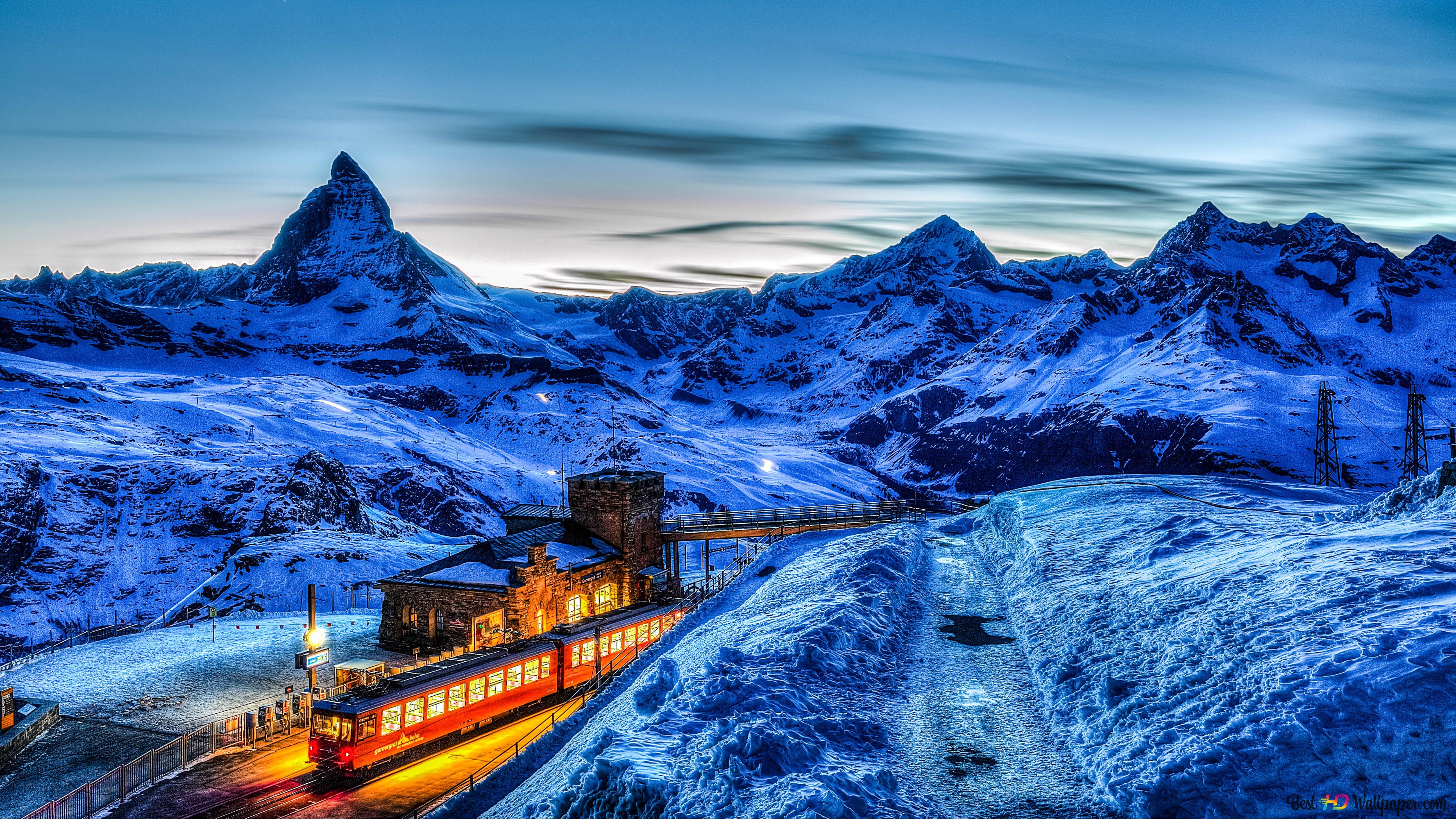 Gornergratbahn, Matterhorn, Schweiz, Schnee, Abenddämmerung, 2K, PC-Hintergrundbild