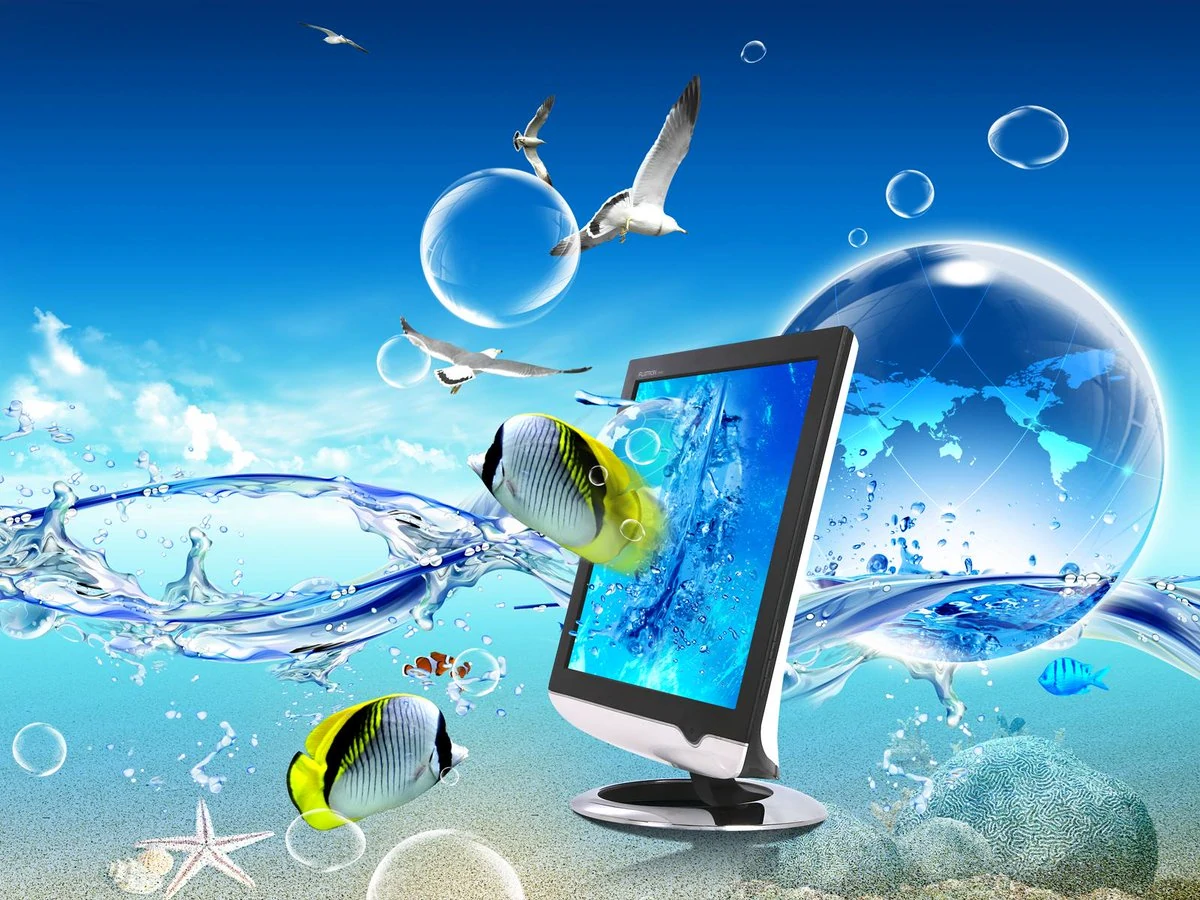 Monitor, Fische, Möwen, Wasserblasen, Fotomontage, Hintergrundbild für iPad und Tablet