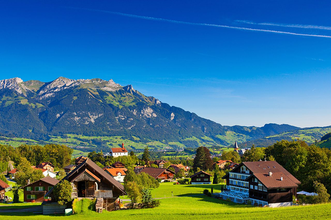 Bergdorf, Chalets, Alpen, Schweiz, Blauer Himmel, HD, Hintergrundbild für den PC