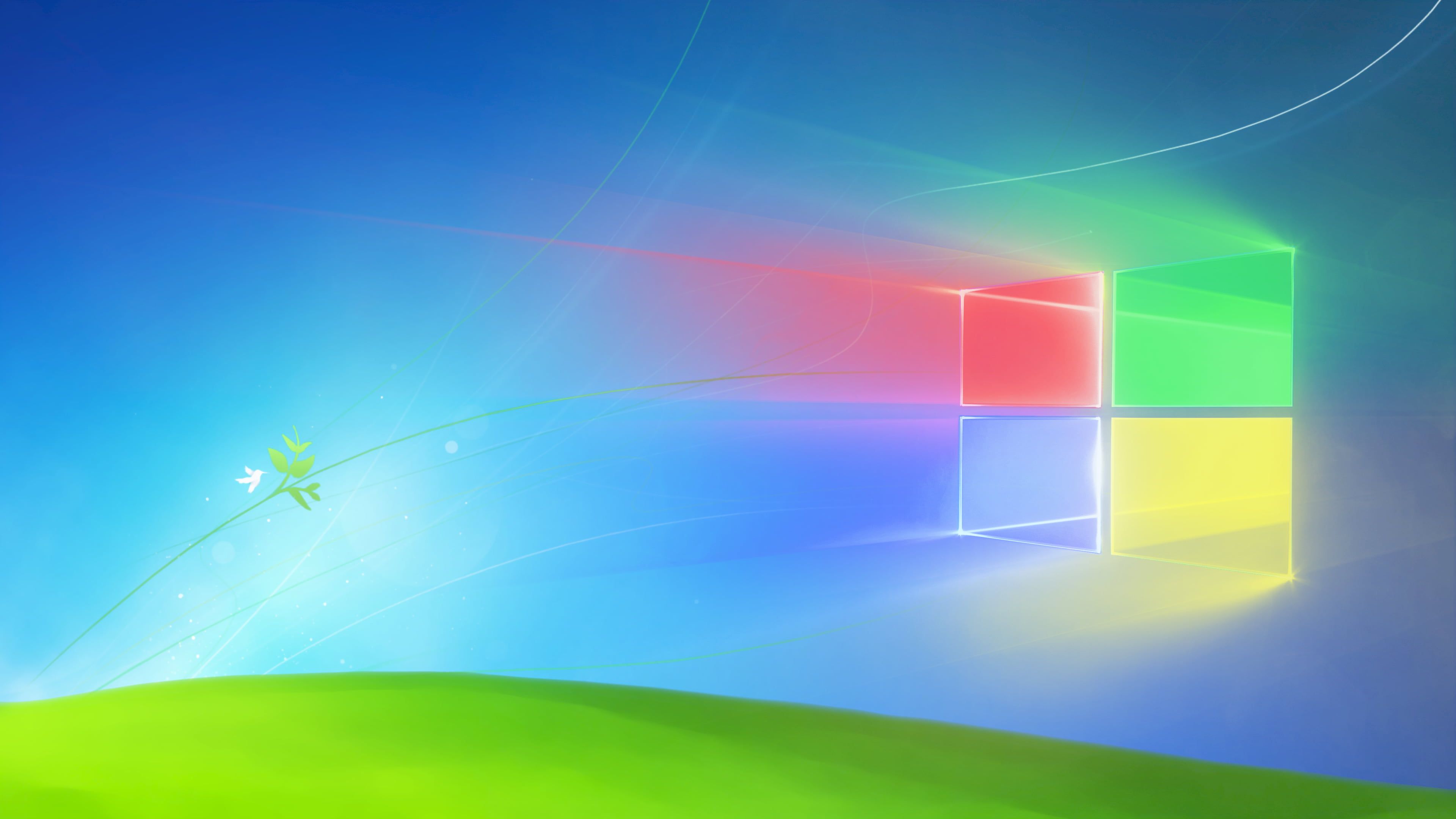Windows-Logo, Grüner Hügel, Bunt, Hellblau, Lichtschein, 4K-Hintergrundbild für PC