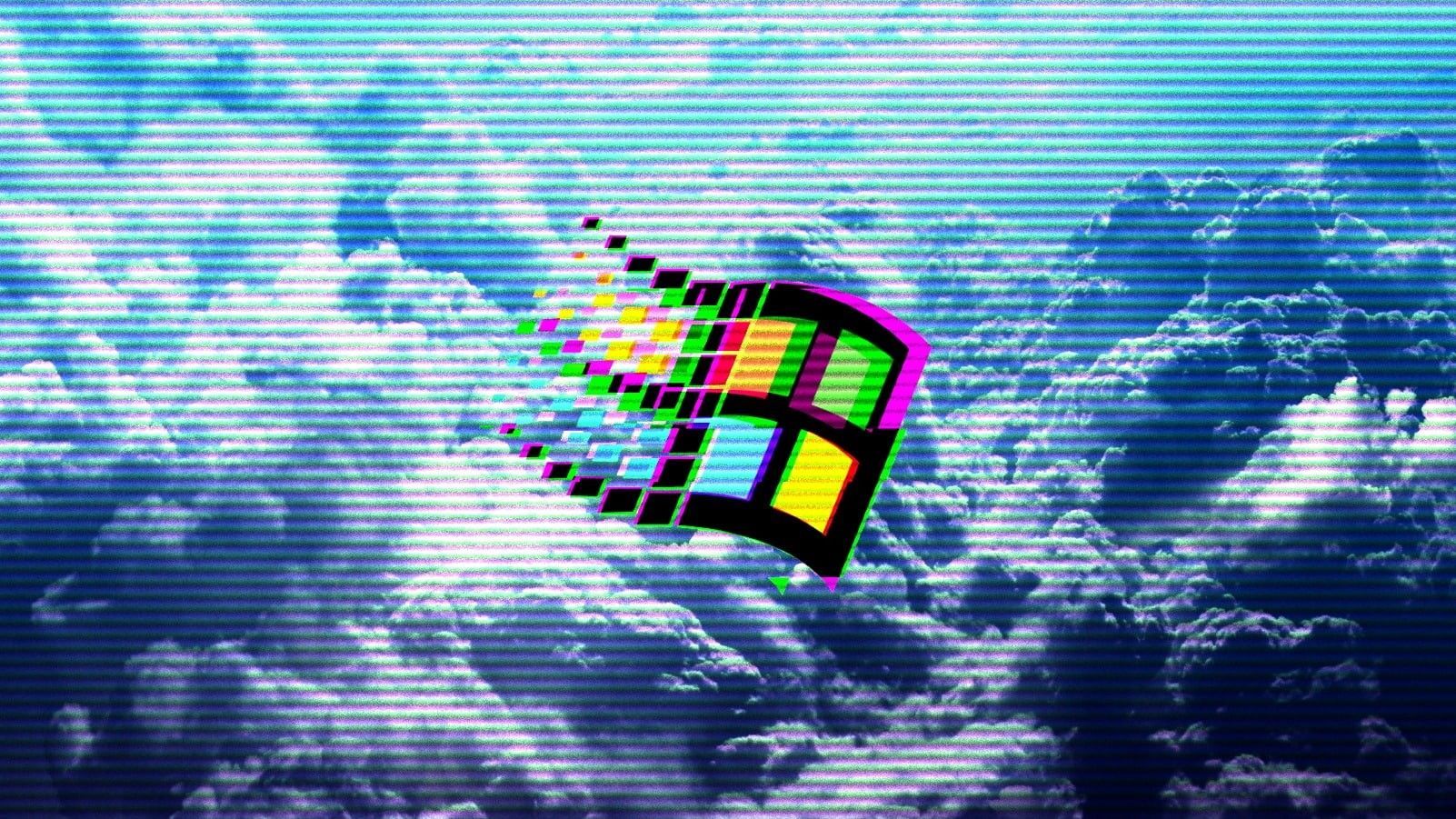 Windows 95, Windows-Logo, Wolken, Vaporwave, Retro, 16:9, HD-Hintergrundbild für den Desktop