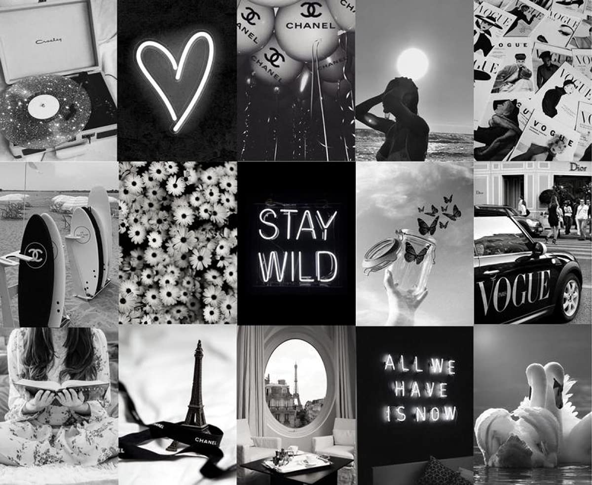 Collage, Chanel, Vogue, Stay Wild, Schwarz-Weiß, Neonherz, Hintergrundbild