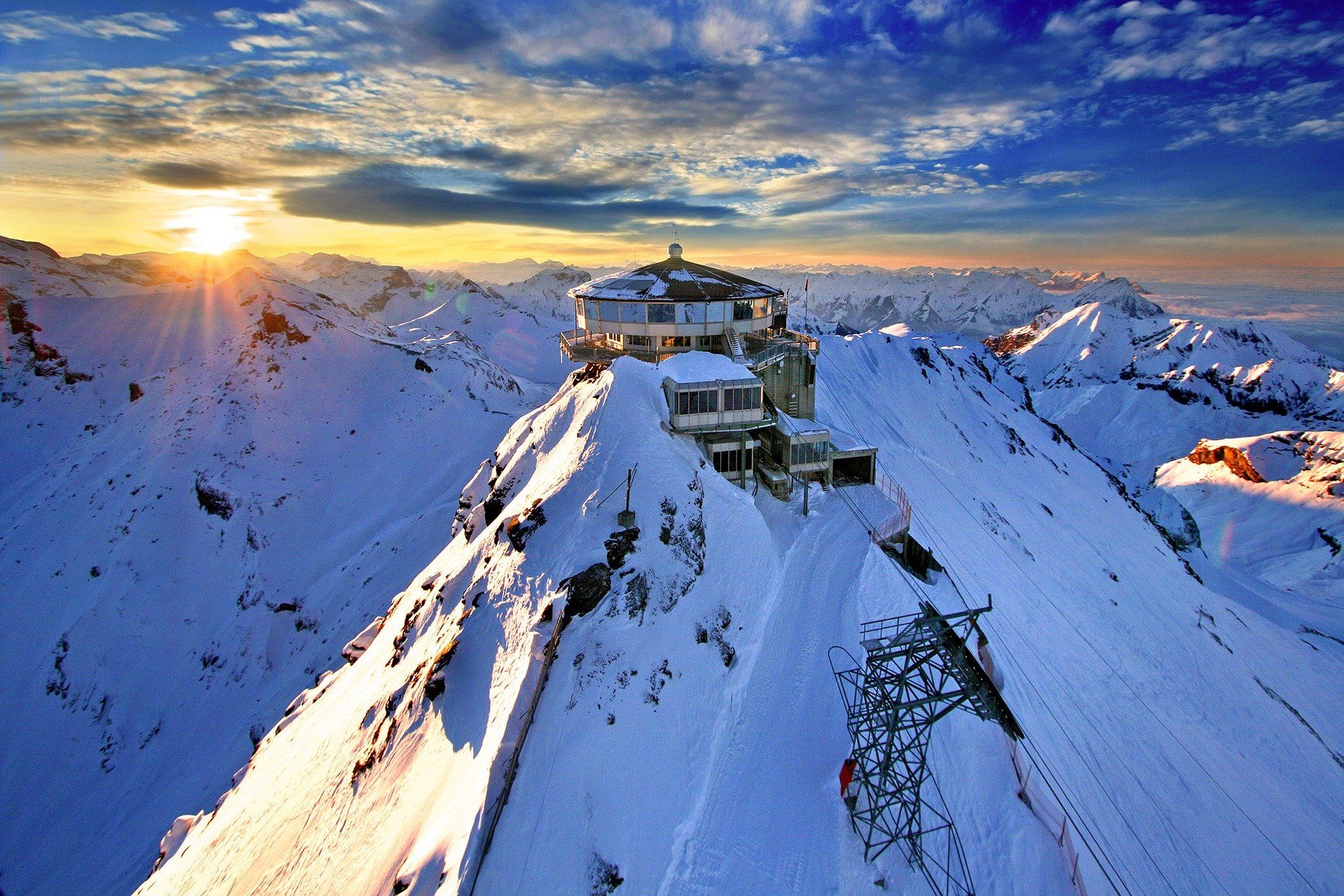 Schilthorn, Piz Gloria, Schweiz, Schnee, Sonnenuntergang, Full HD, Windows-Hintergrundbild