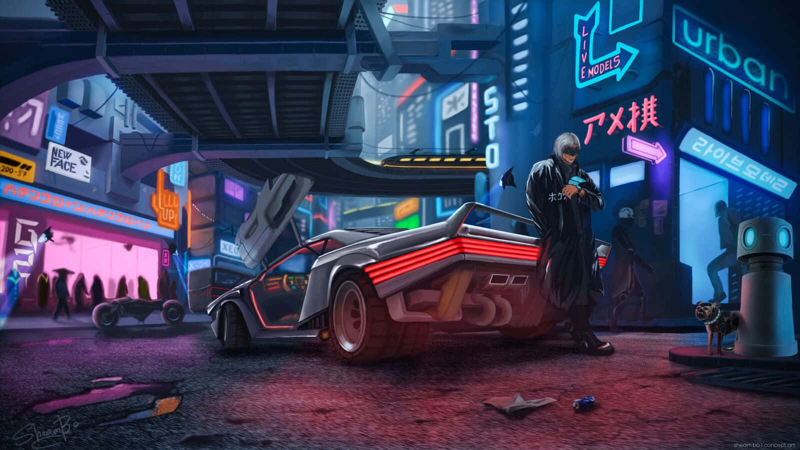 Cyberpunk, Sportwagen, Stadt, Neonschilder, Nacht, Digitale Kunst, HD, Laptop-Hintergrundbild