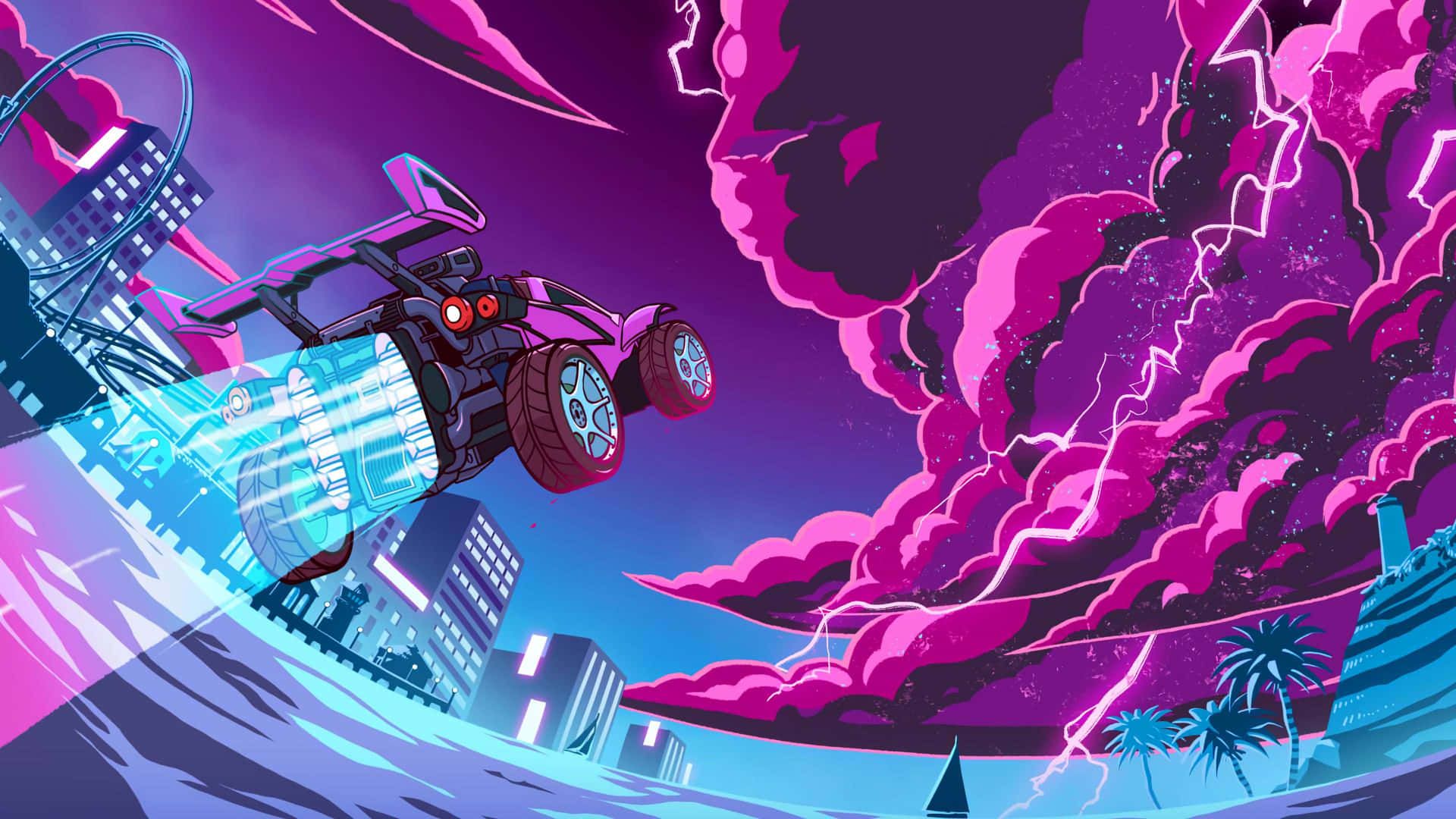 Rennauto, Fliegendes Auto, Wolken, Pink, Illustration, Stadt, Full HD, Laptop-Hintergrundbild