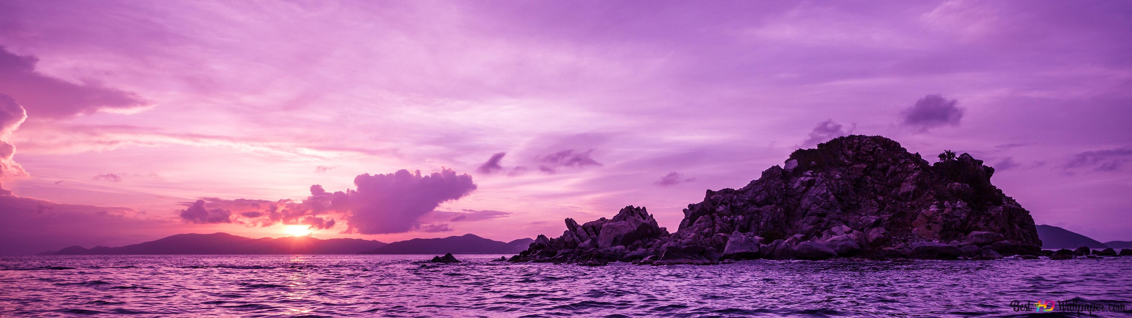 Felseninsel, Sonnenuntergang, Lila Himmel, Meer, Silhouette, Full HD, PC-Hintergrundbild