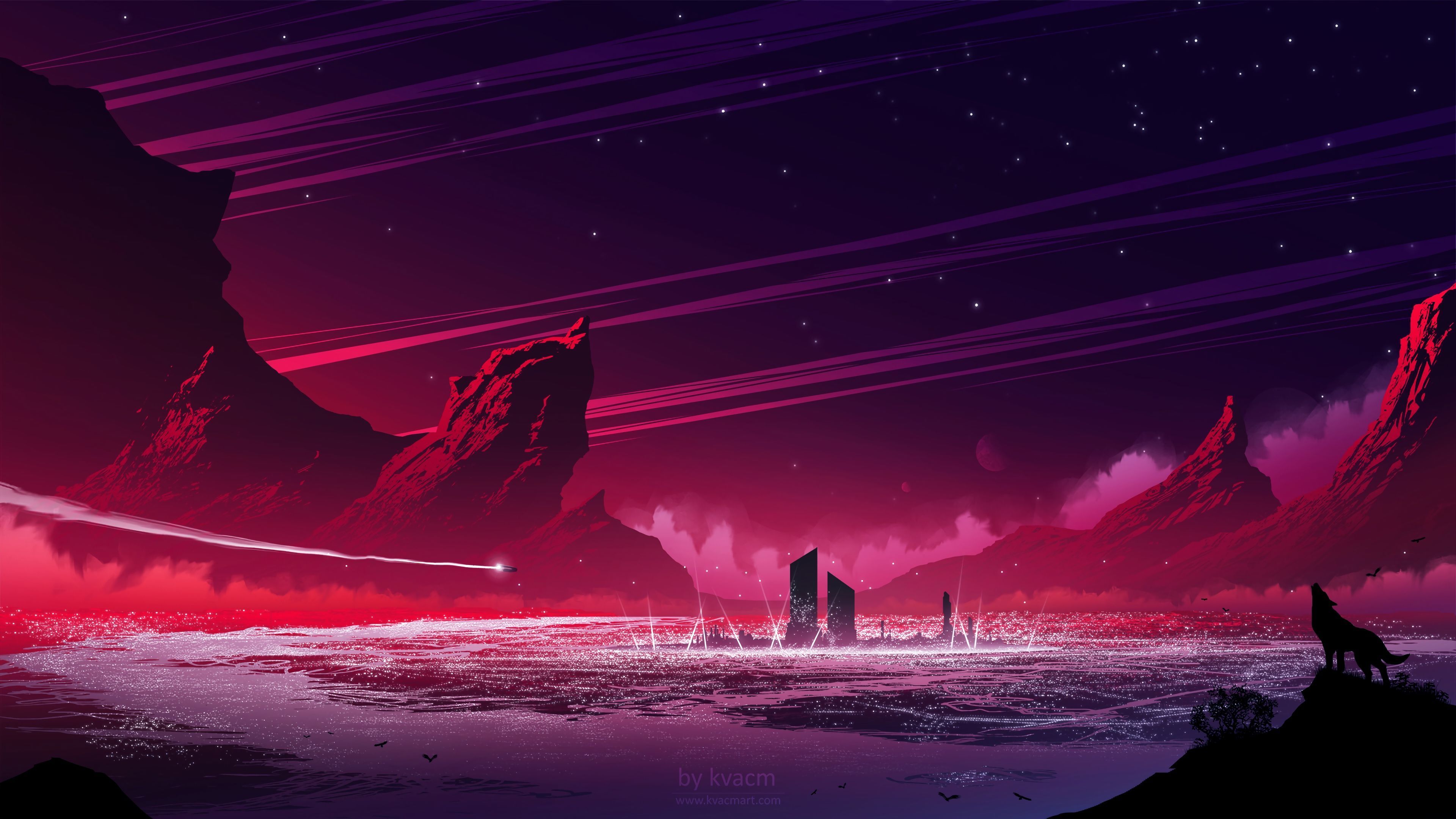Wolf, Silhouette, Roter Himmel, Landschaft, Science-Fiction, 3840x2160, PC-Hintergrundbild