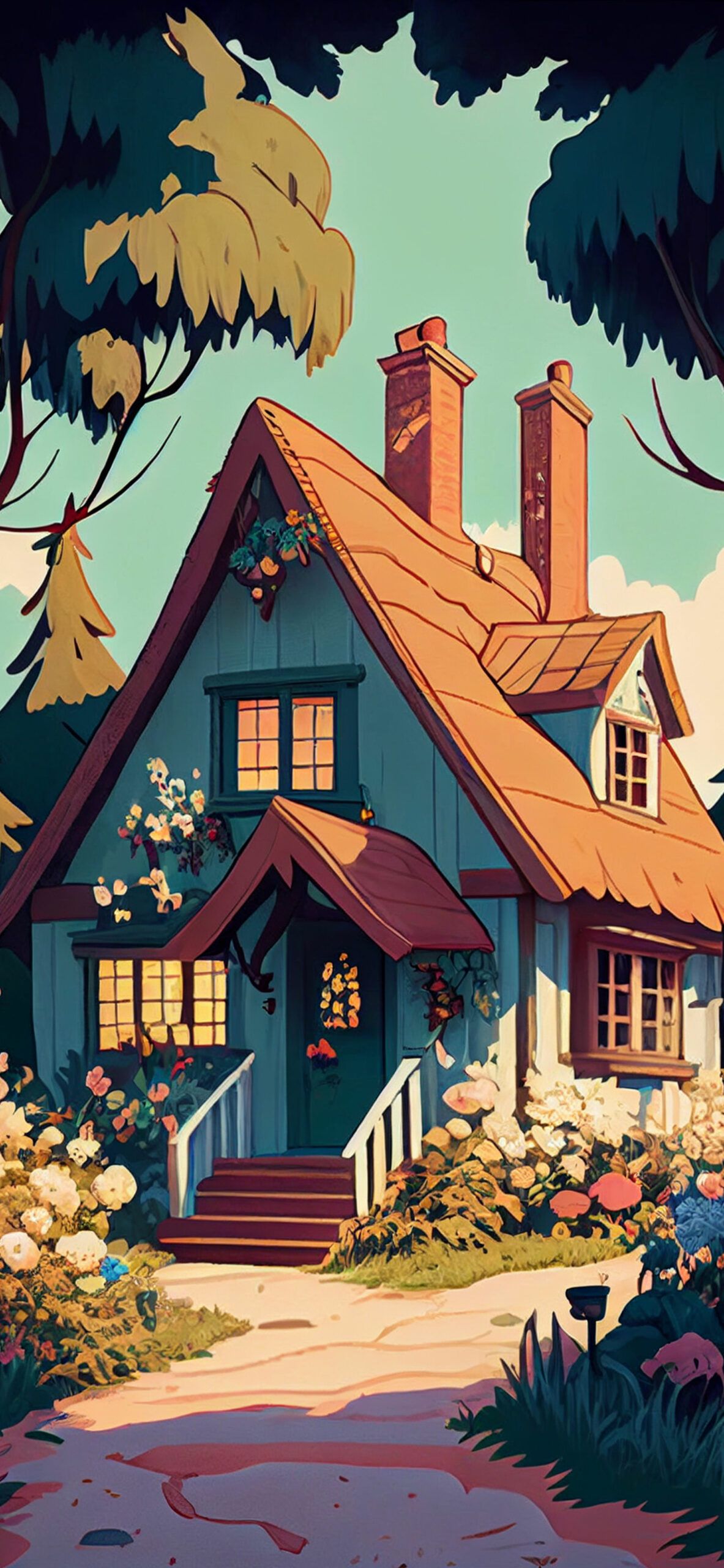 Cottage, Illustration, Bäume, Blumen, Märchenhaft, Full HD, Handy-Hintergrund im Hochformat