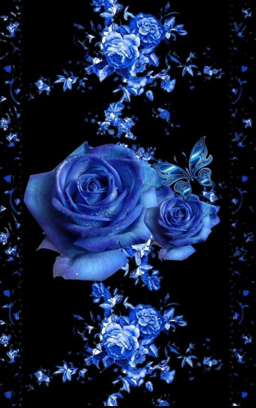 Blaue Rose, Schwarzer Hintergrund, Blumenranke, Dunkle Stimmung, Digitale Kunst, Sperrbildschirm