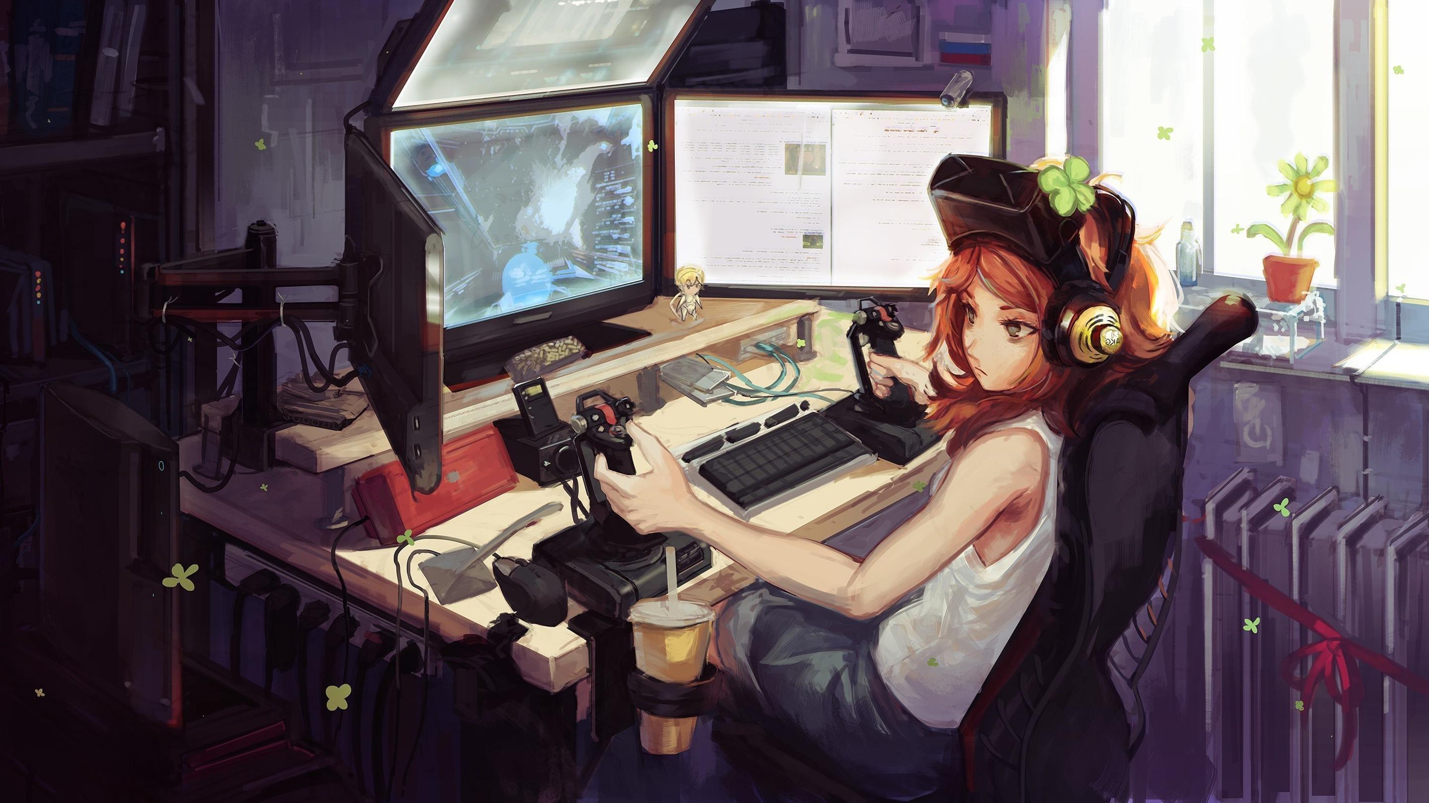 Gamerin, Gaming-Setup, Monitore, Kopfhörer, Anime-Stil, Zimmer, 2K, Laptop-Hintergrundbild